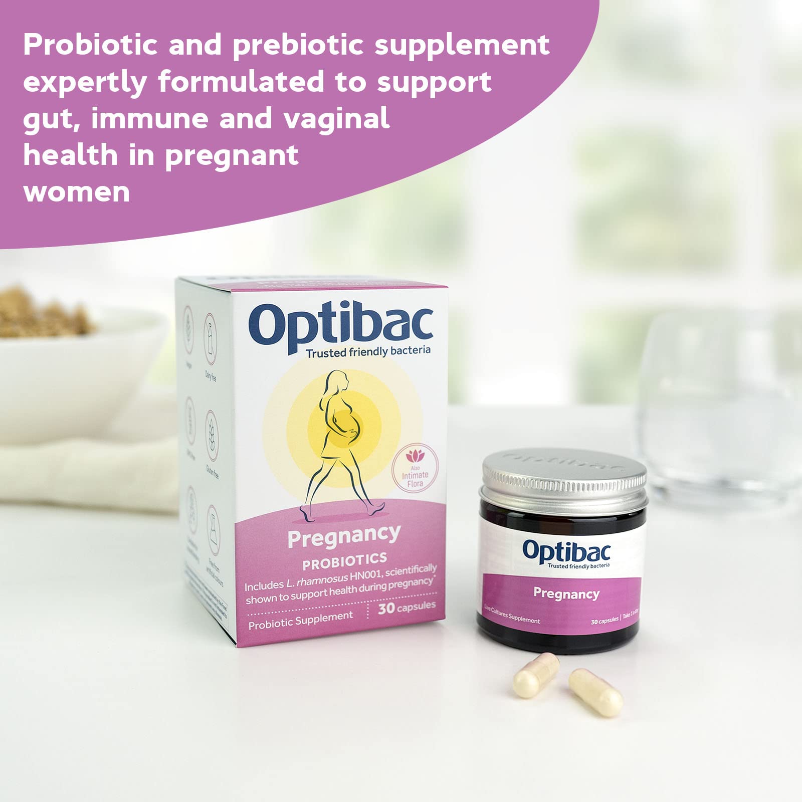 Optibac Probiotics Pregnancy: etiqueta que destaca fórmula vegana para gestación y lactancia.