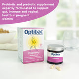 Optibac Probiotics Pregnancy: etiqueta que destaca fórmula vegana para gestación y lactancia.