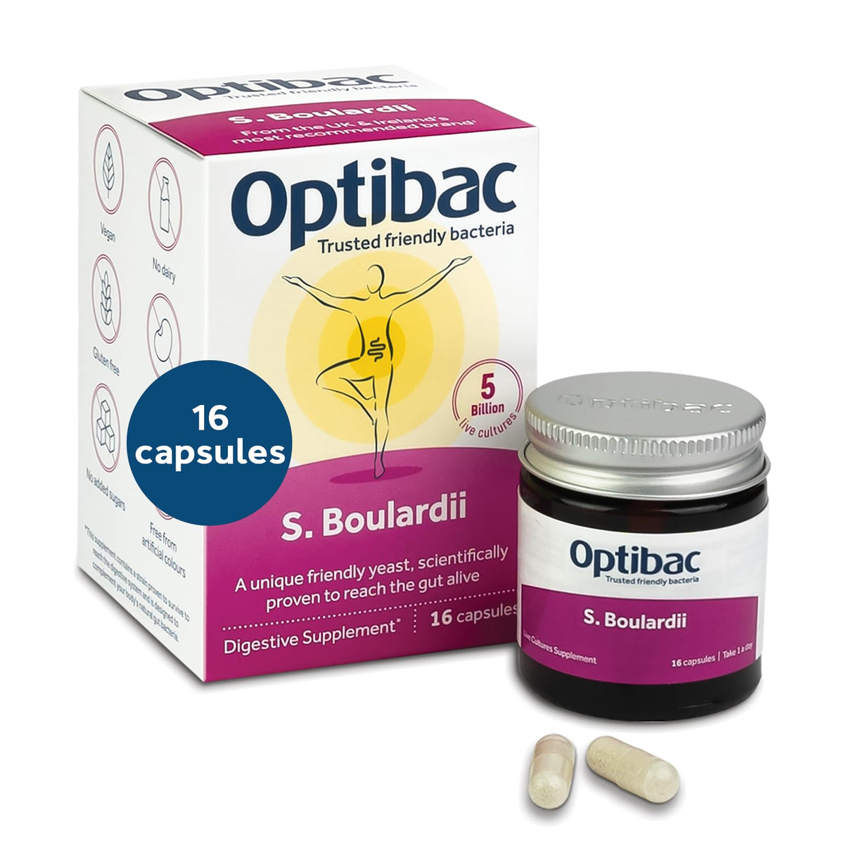 OptiBac Saccharomyces Boulardii: botella con 16 cápsulas para apoyo al equilibrio digestivo diario
