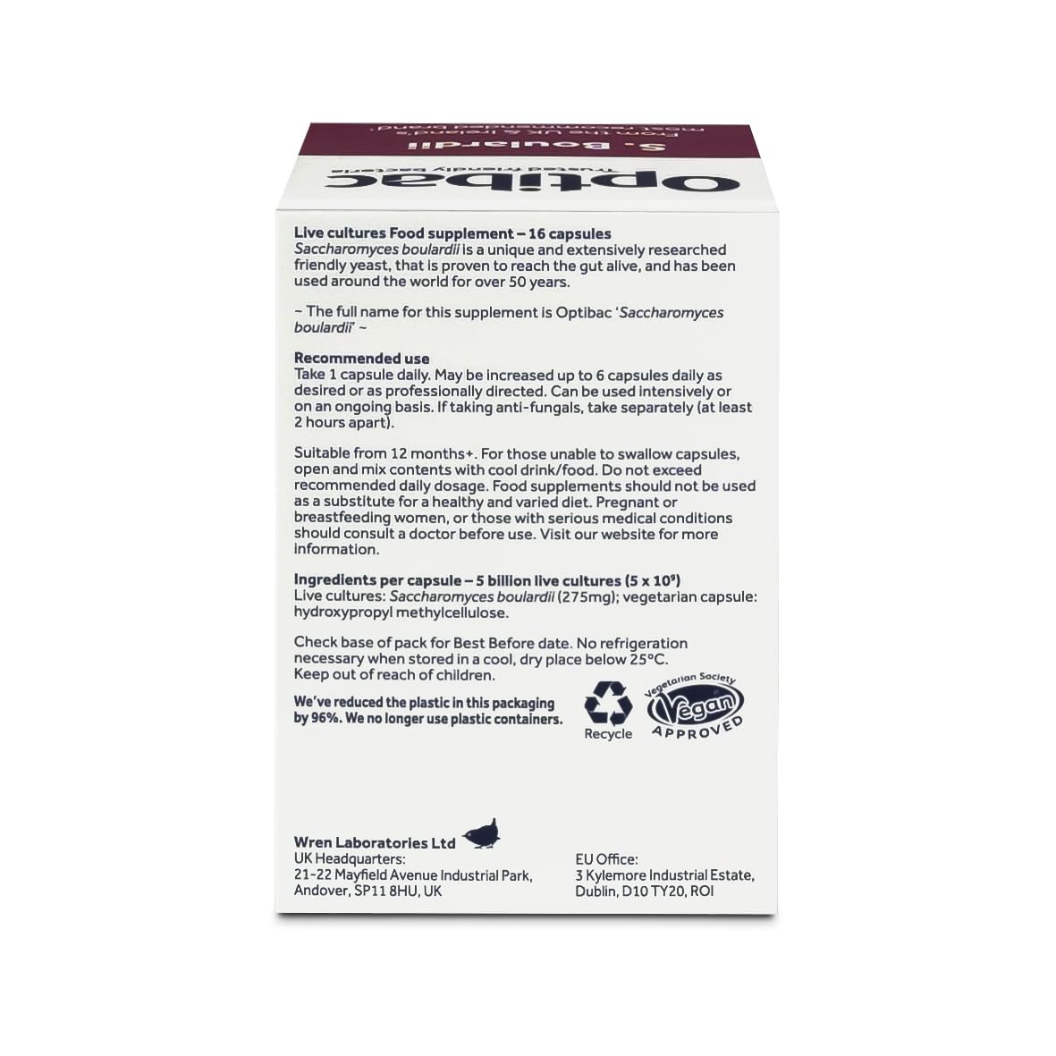 OptiBac Saccharomyces Boulardii: presentación de 16 cápsulas práctica para llevar
