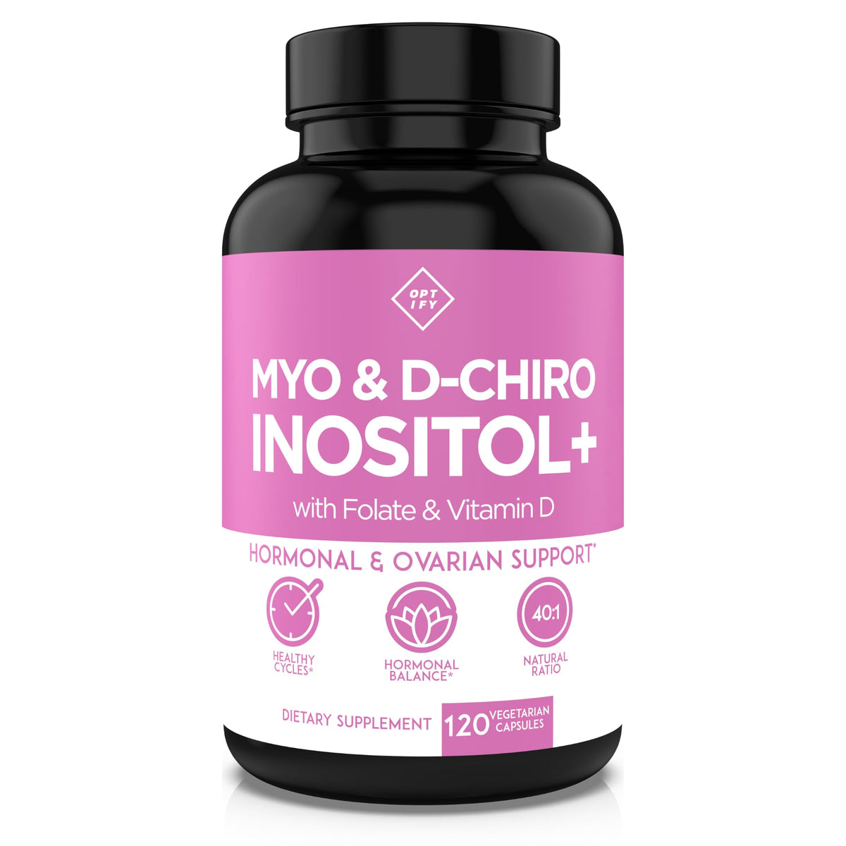 Optify Mio-Inositol: botella con cápsulas para equilibrio hormonal.
