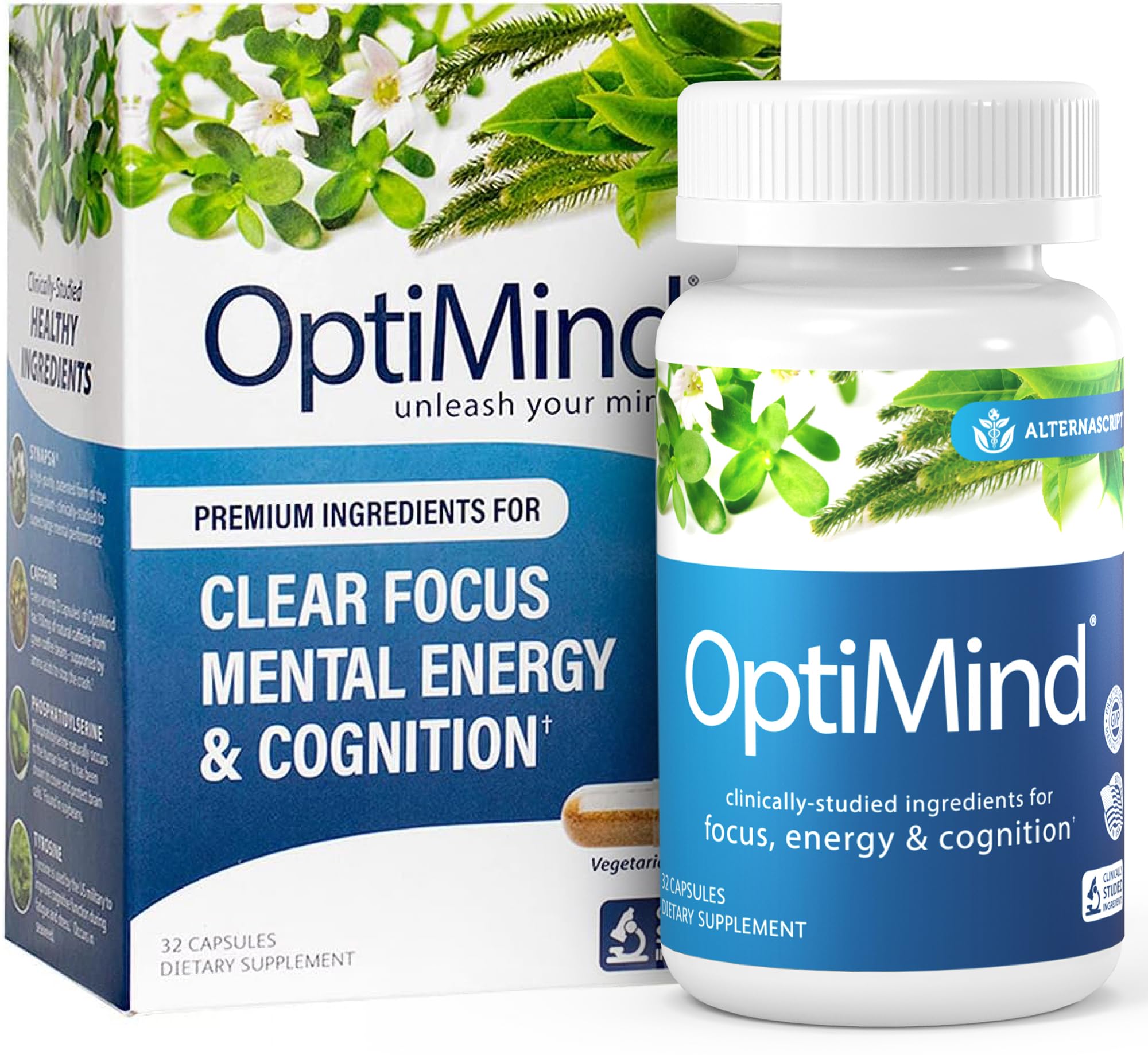 Optimind botella y cápsulas vistas de frente para claridad mental diaria.