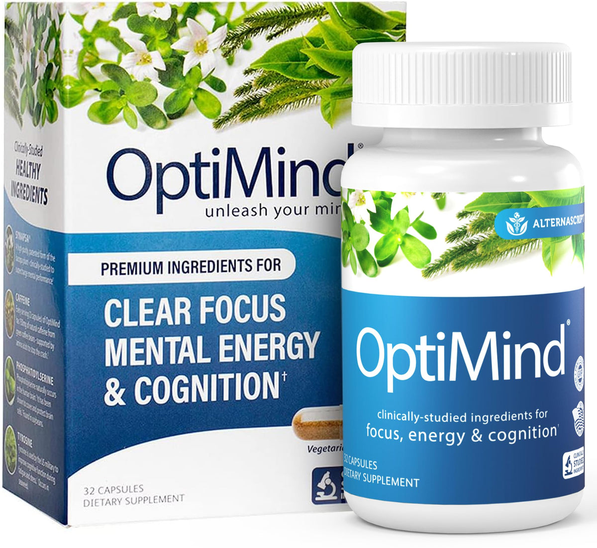 Optimind botella y cápsulas vistas de frente para claridad mental diaria.