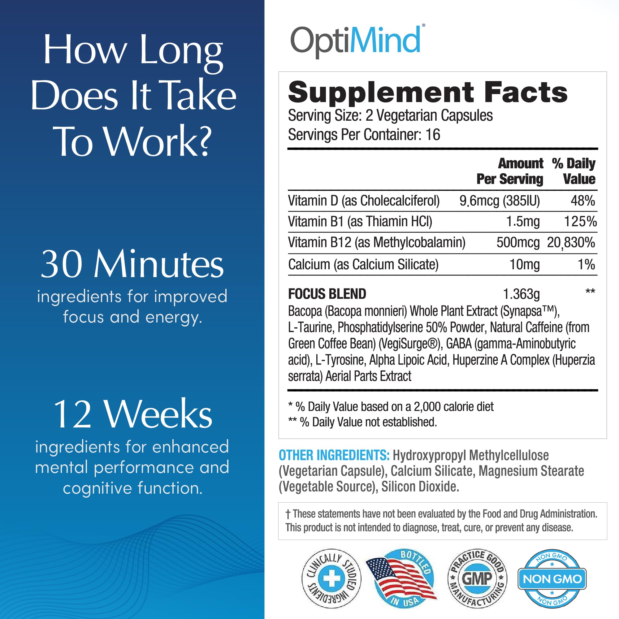 Vitaminas B1, B12 y D en Optimind para vitalidad cerebral.