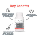 Optimox Optivite, envase sobre escritorio, opción conveniente para bienestar femenino.