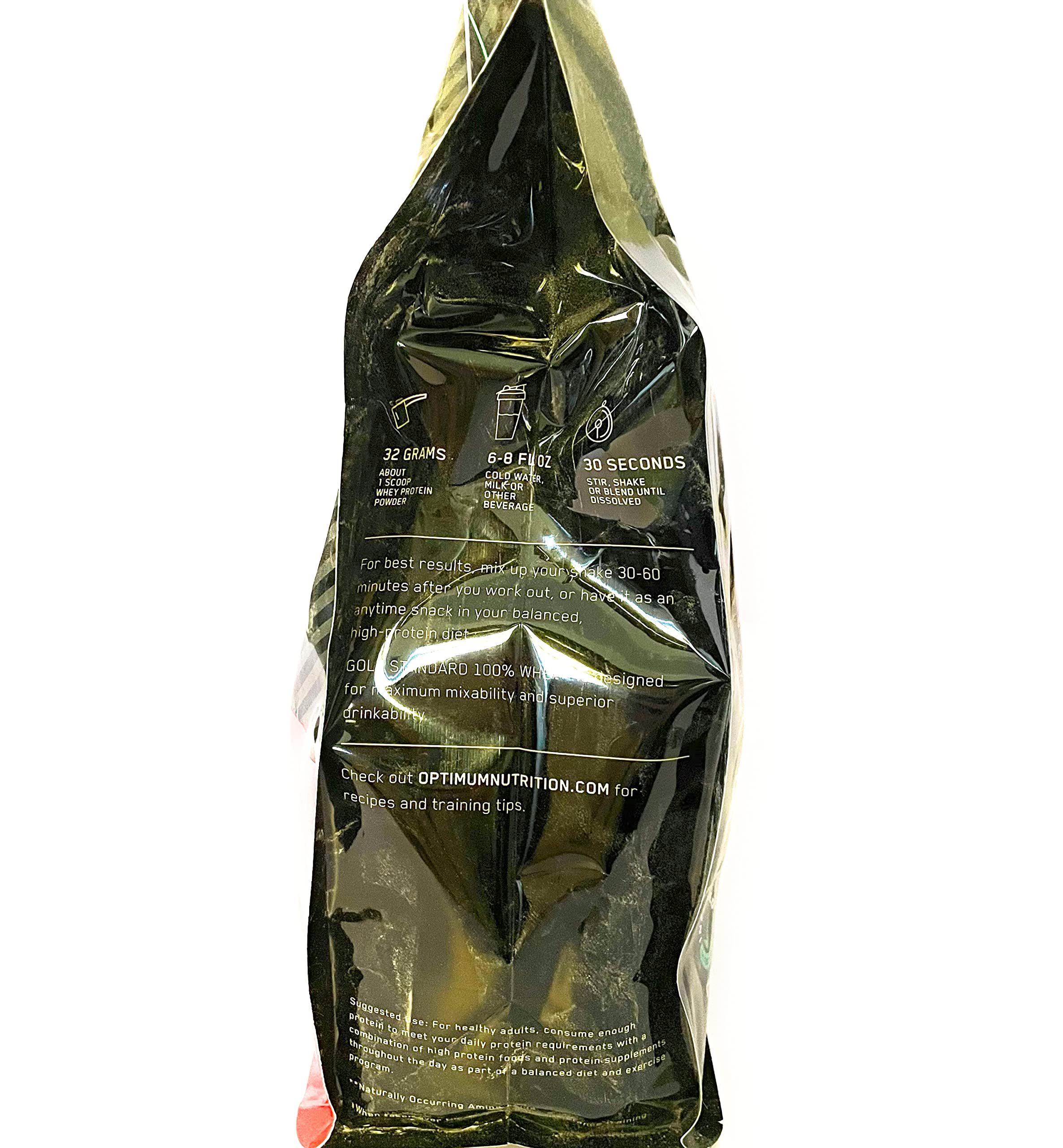 Optimum Nutrition 100% Whey Gold Standard sabor chocolate con leche, snack proteico.
