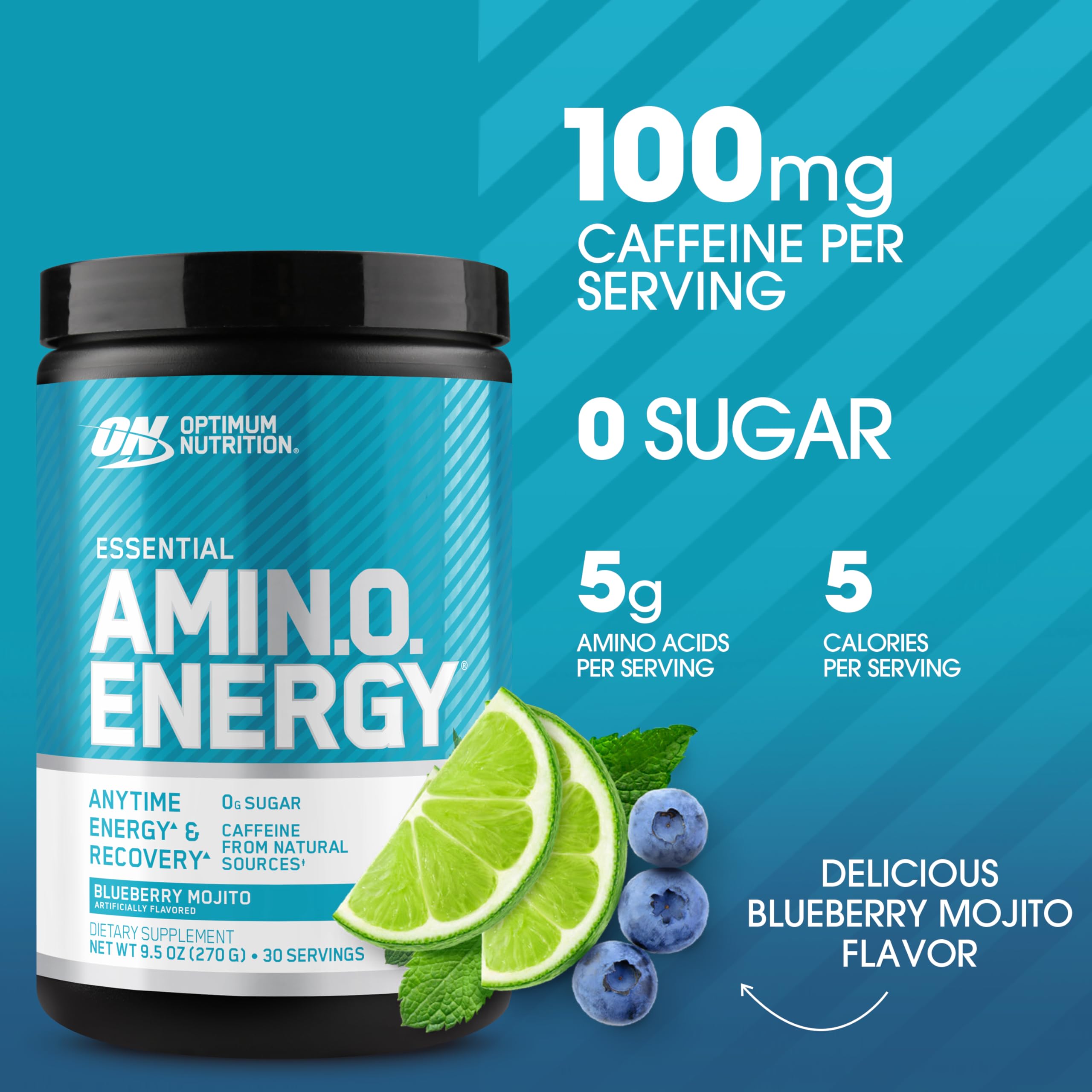 Optimum Nutrition Amino Energy, etiqueta frontal, referencia de ingredientes y sabor.