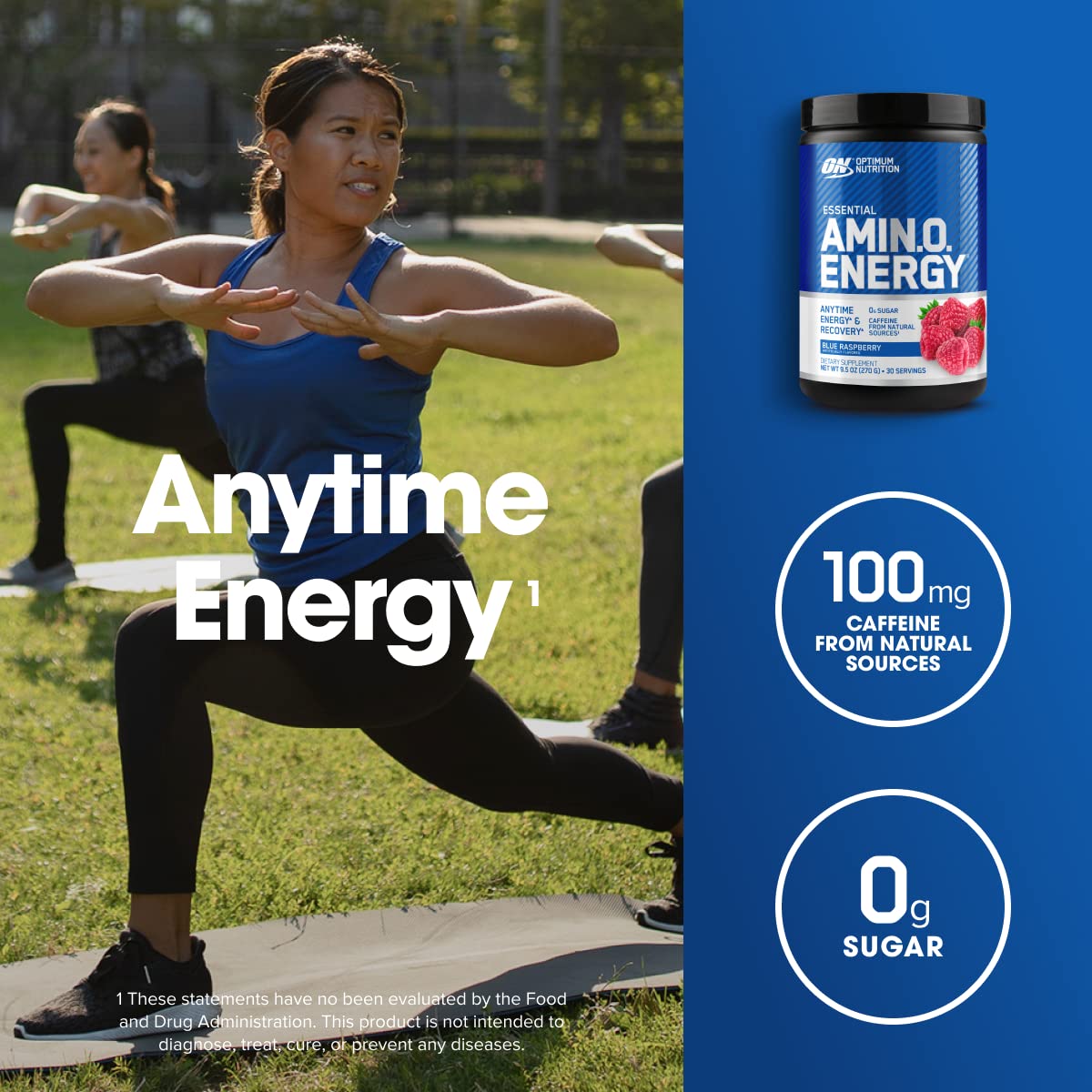 Etiqueta frontal de Amino Energy indica sabor Arándano Azul