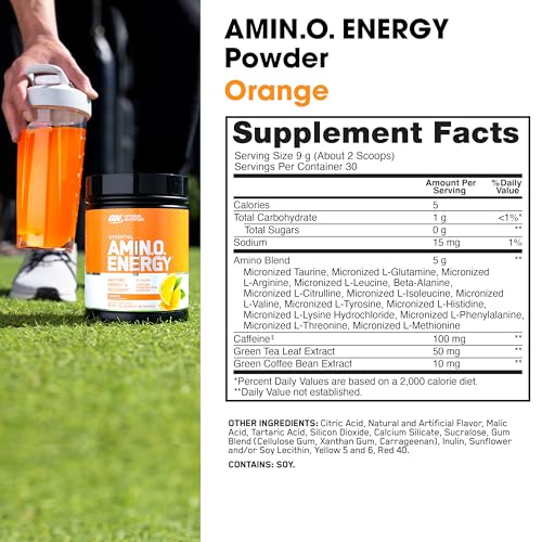 Uso diario de Optimum Nutrition Amino Energy en primer plano.