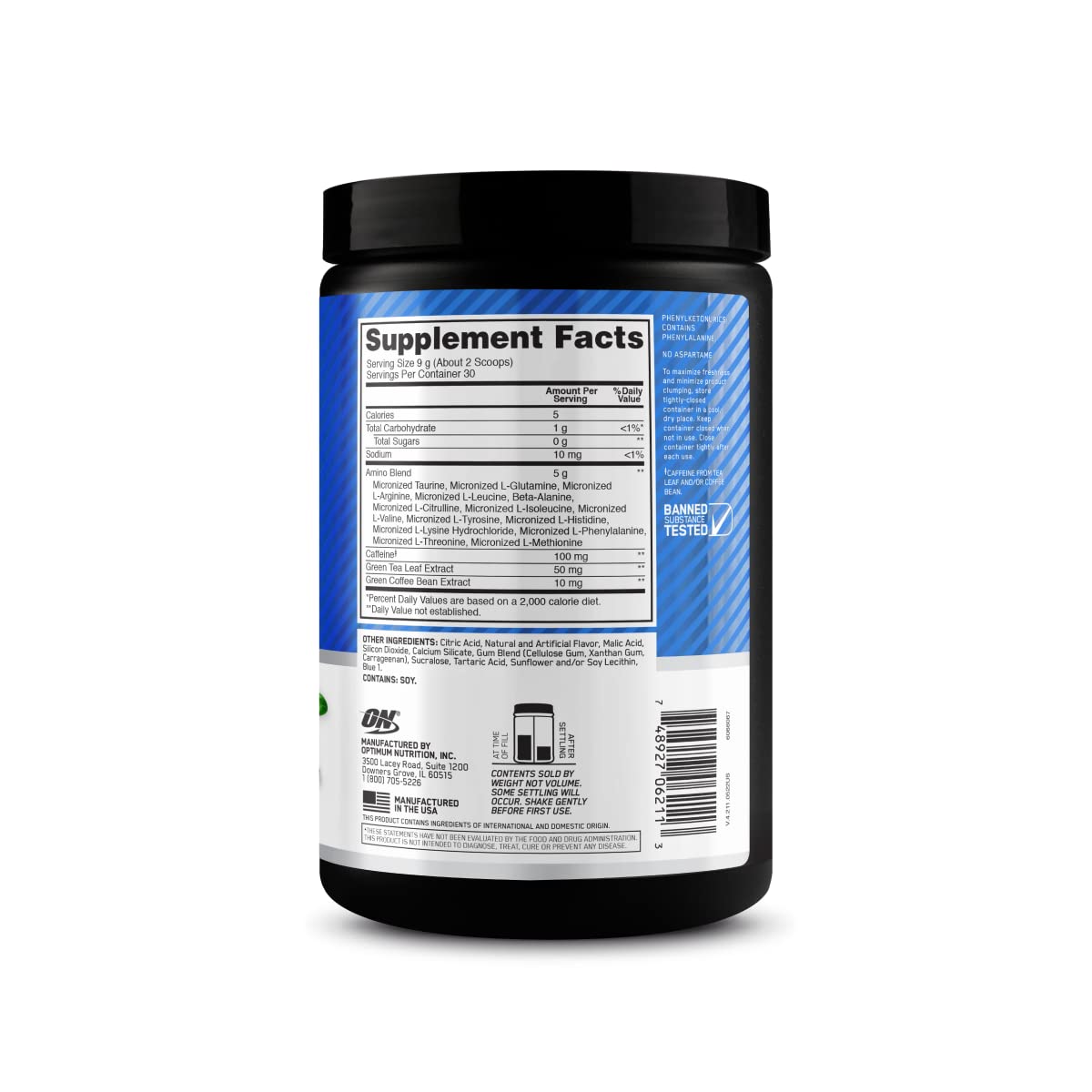 Empaque de Optimum Nutrition Amino Energy arándano limón resaltando calidad