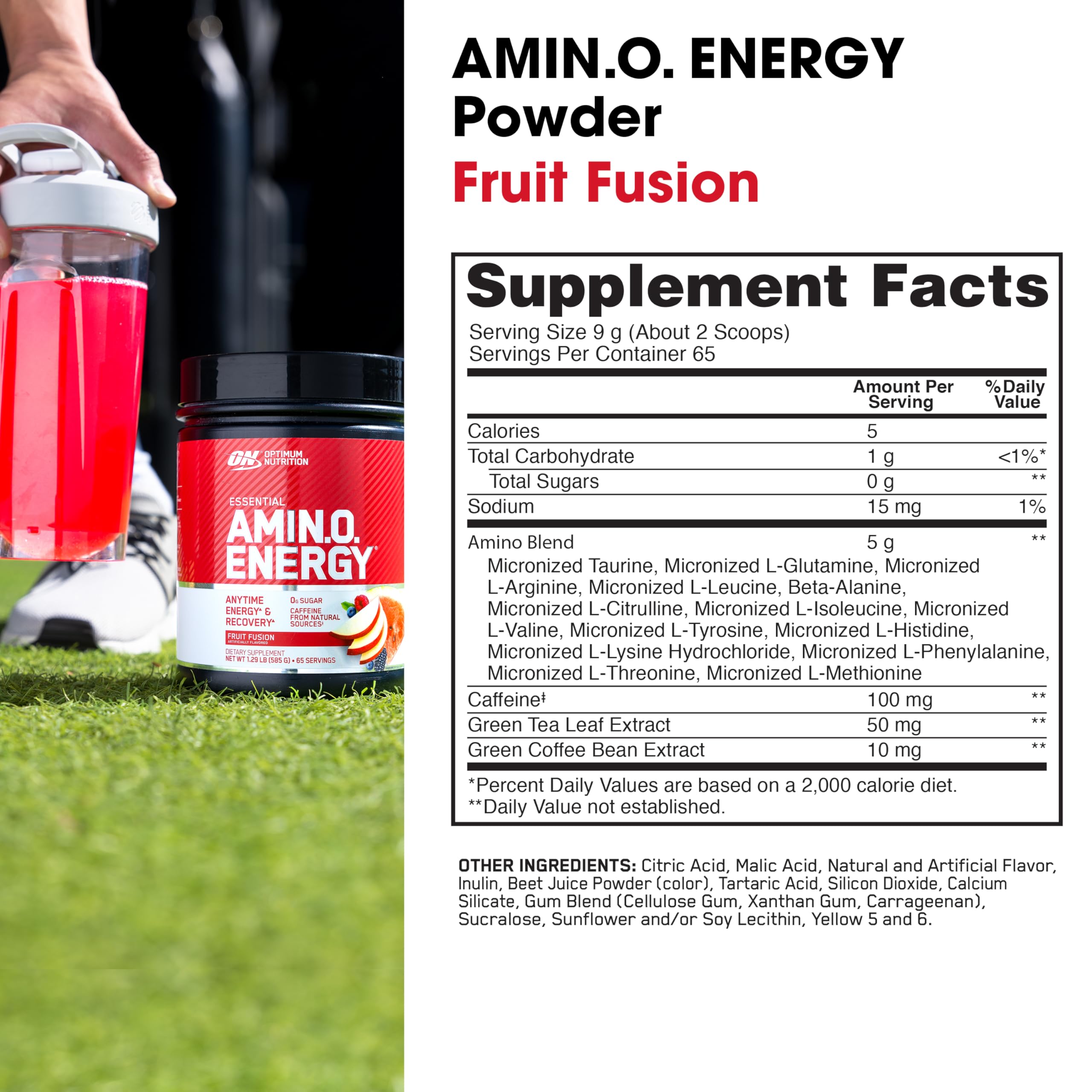 Amino Energy muestra cafeína para impulso de energía diario