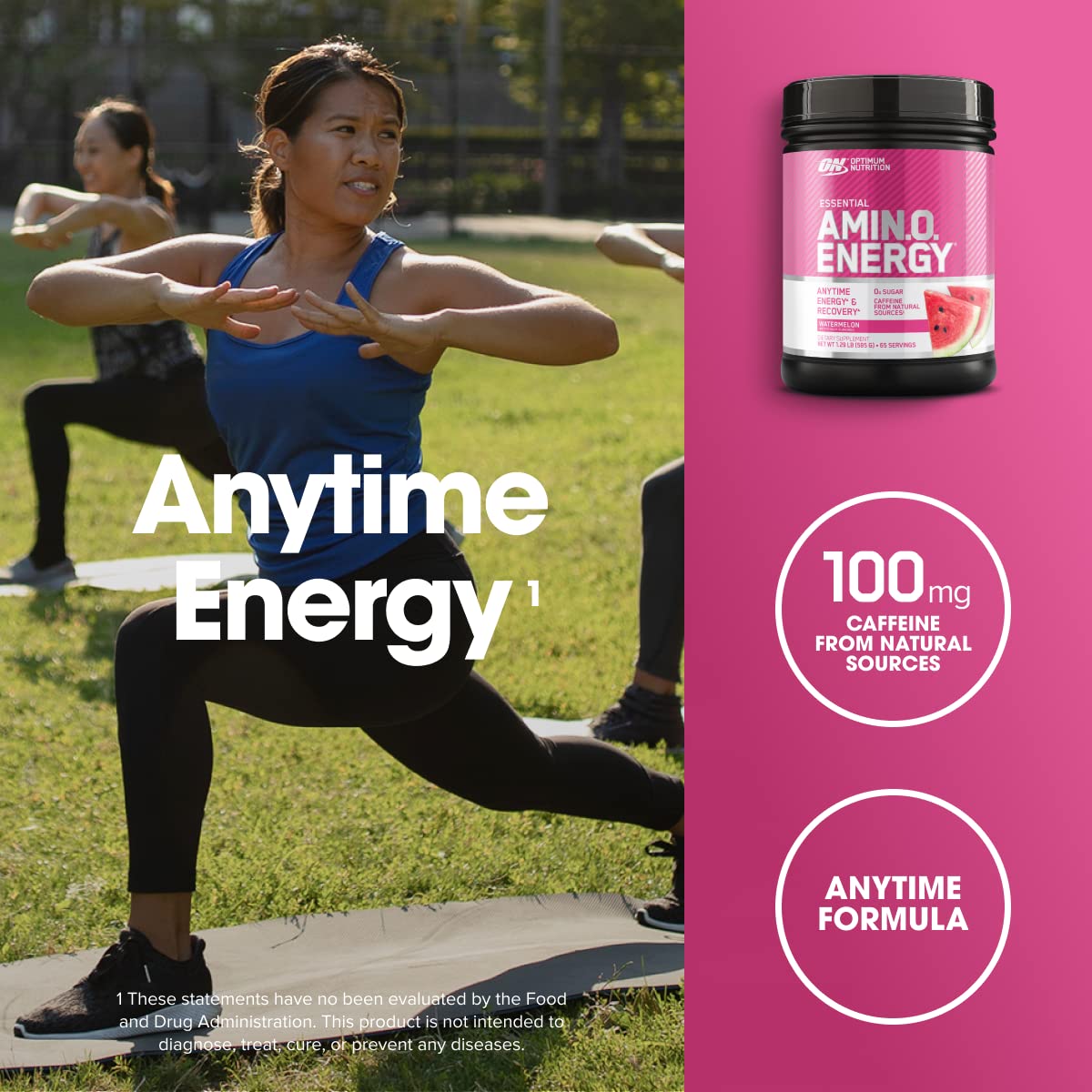 Polvo de Optimum Nutrition Amino Energy siendo derramado para mezclar en batido.
