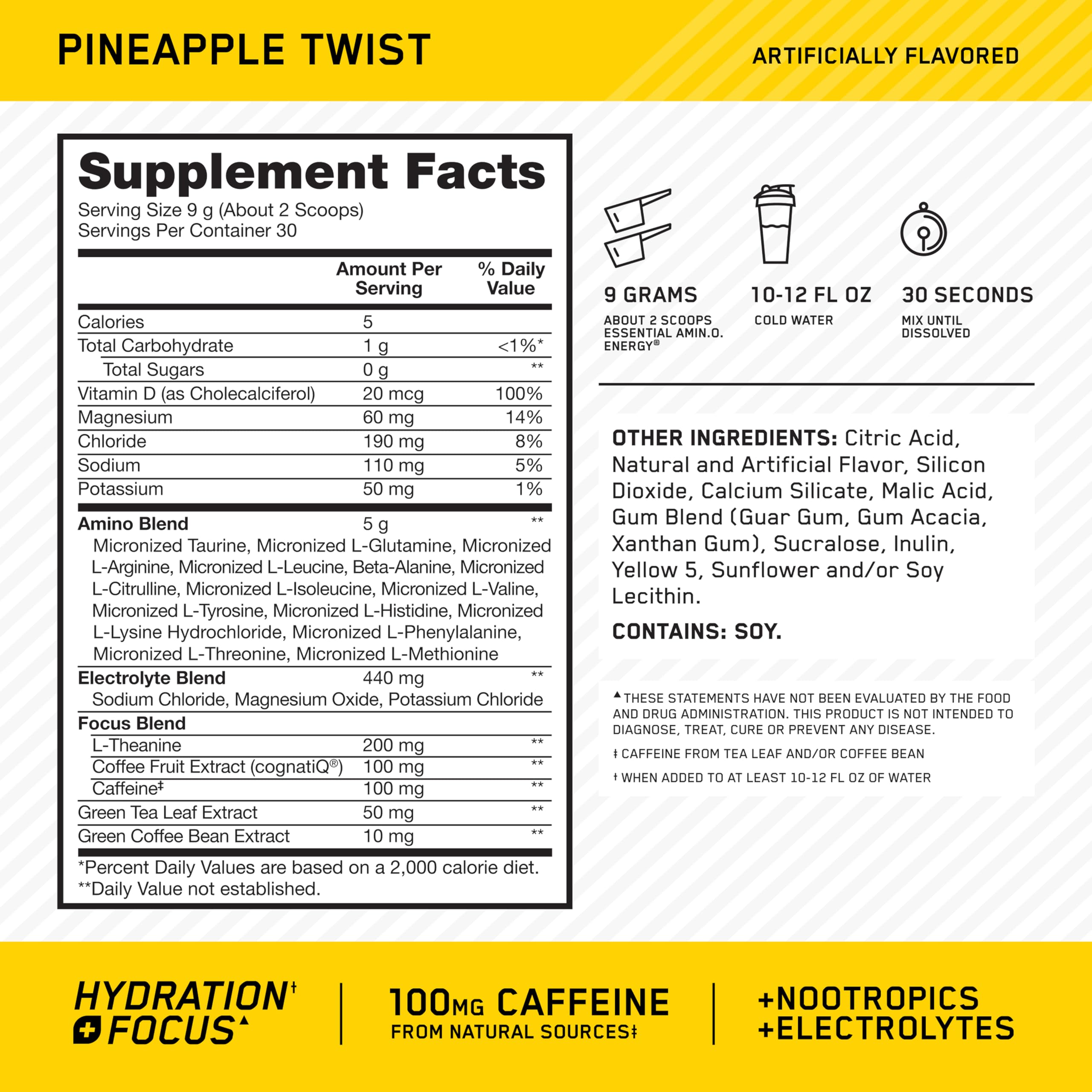 Cucharas medidoras de Optimum Nutrition Amino Energy Electrolytes Piña Twist para porciones precisas.