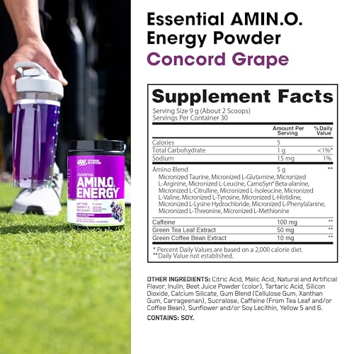 Optimum Nutrition Amino Energy envase con sabor Uva Concord para entrenamiento.
