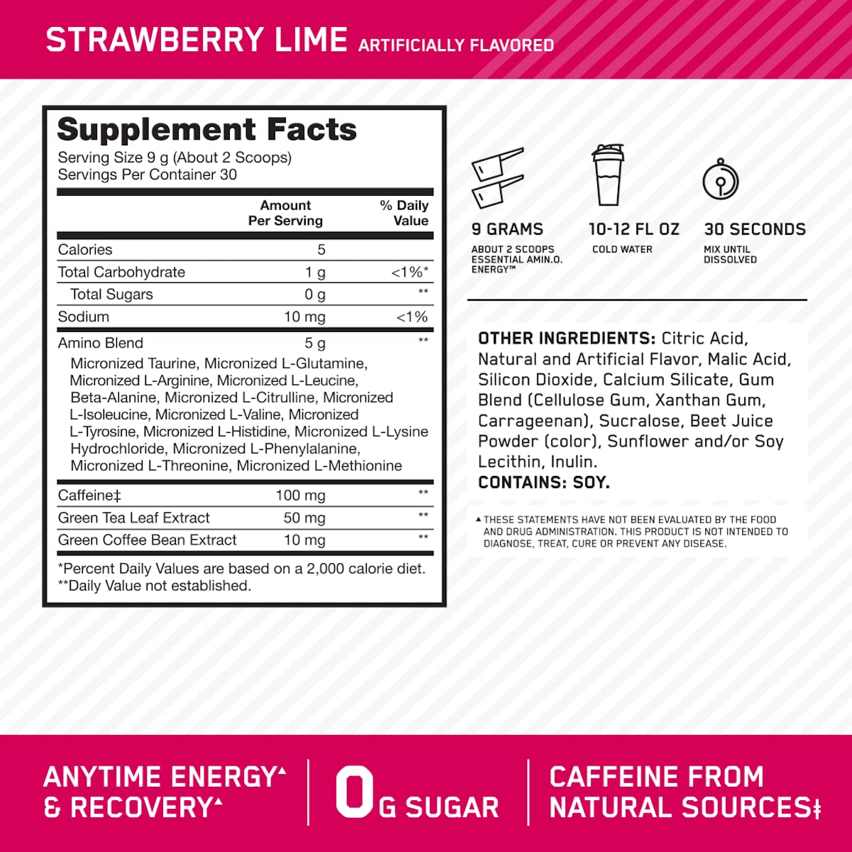 Optimum Nutrition Amino Energy envase y cuchara, lista para preparar energía rápidamente.
