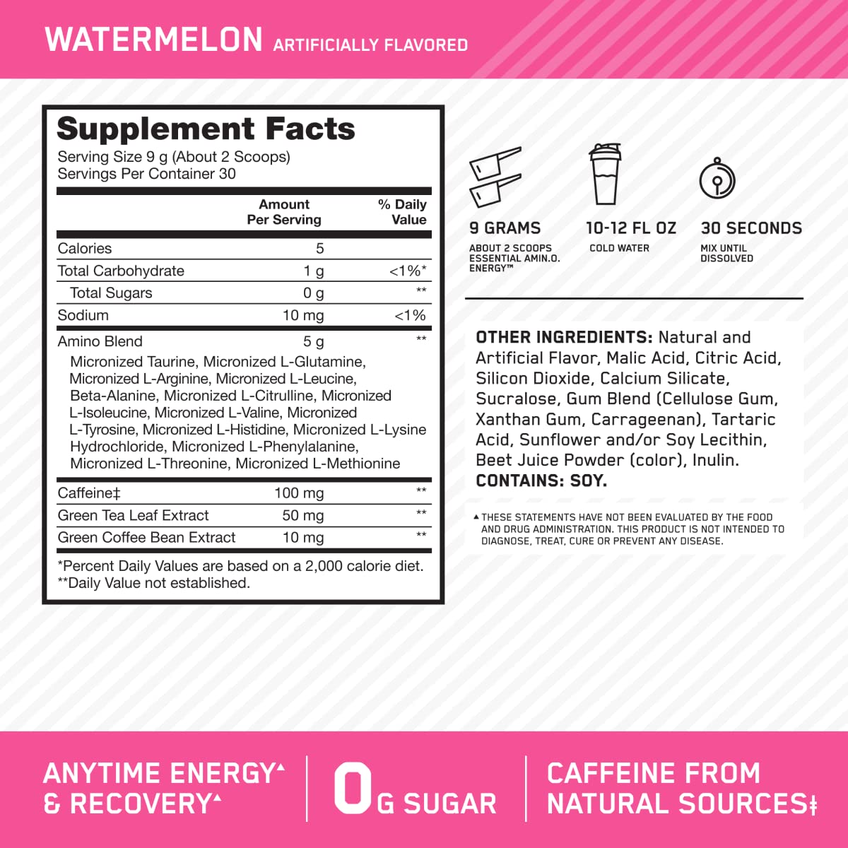 Optimum Nutrition Amino Energy, etiqueta frontal, enfoque mental para entrenamientos intensos