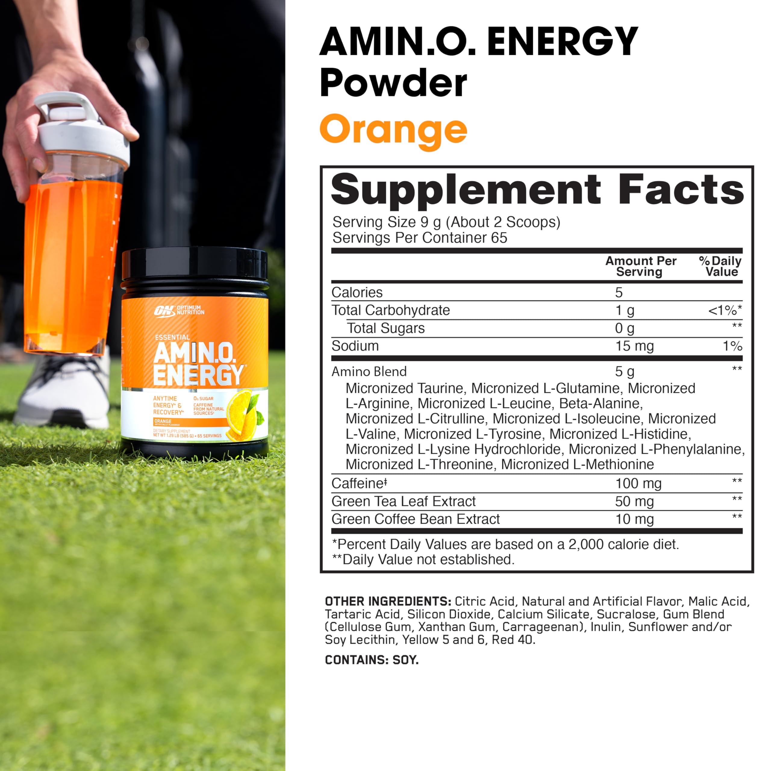 Etiqueta frontal de Optimum Nutrition Amino Energy destaca el sabor