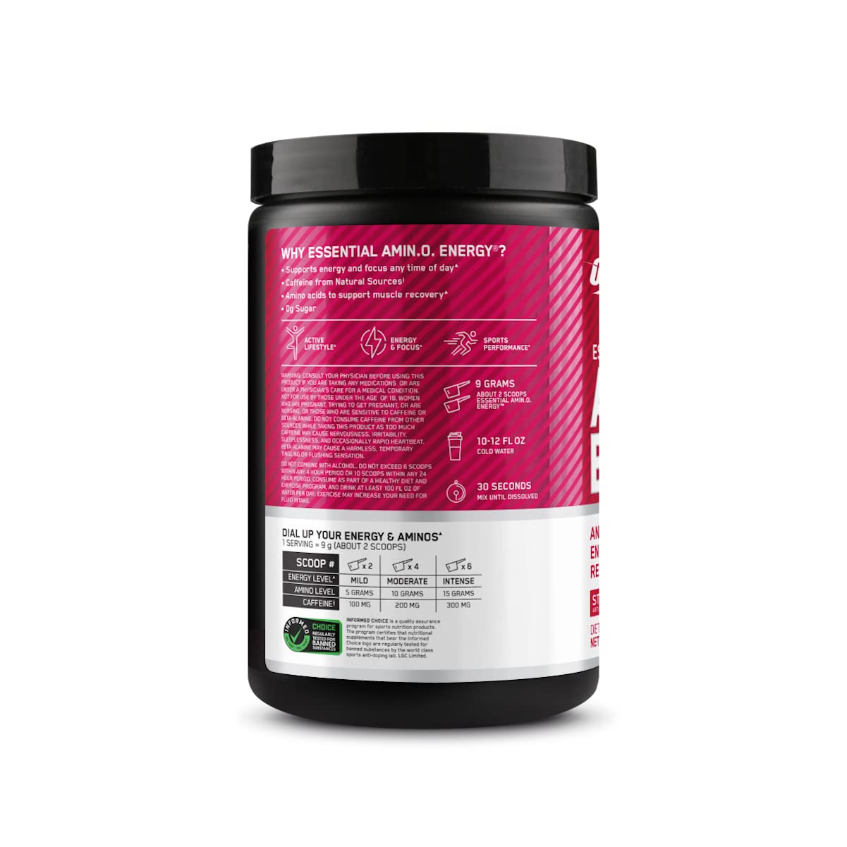 Optimum Nutrition Amino Energy frasco de 30 porciones para plan de entrenamiento.