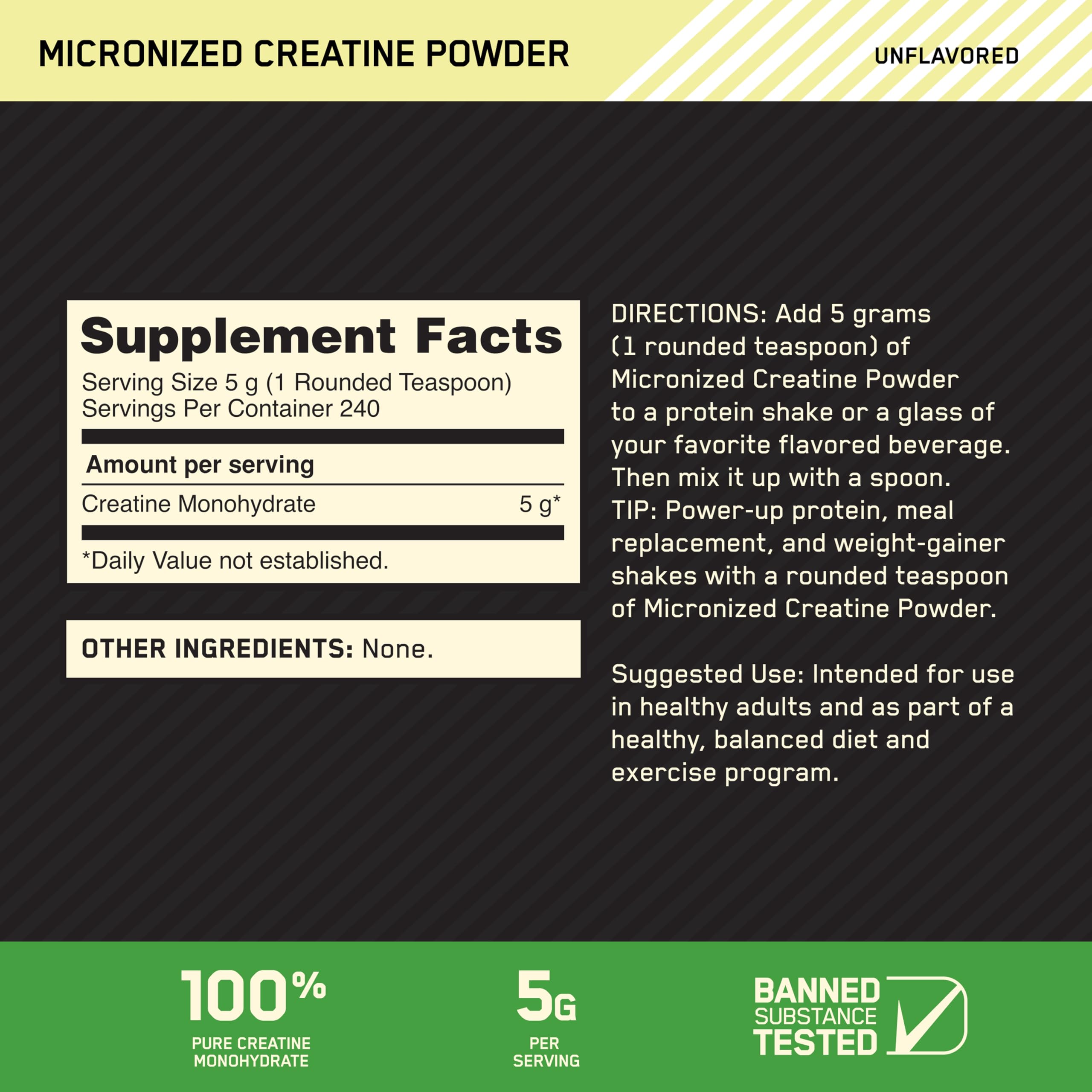 Optimum Nutrition creatina micronizada sin sabor: mezcla rápida para entrenamiento