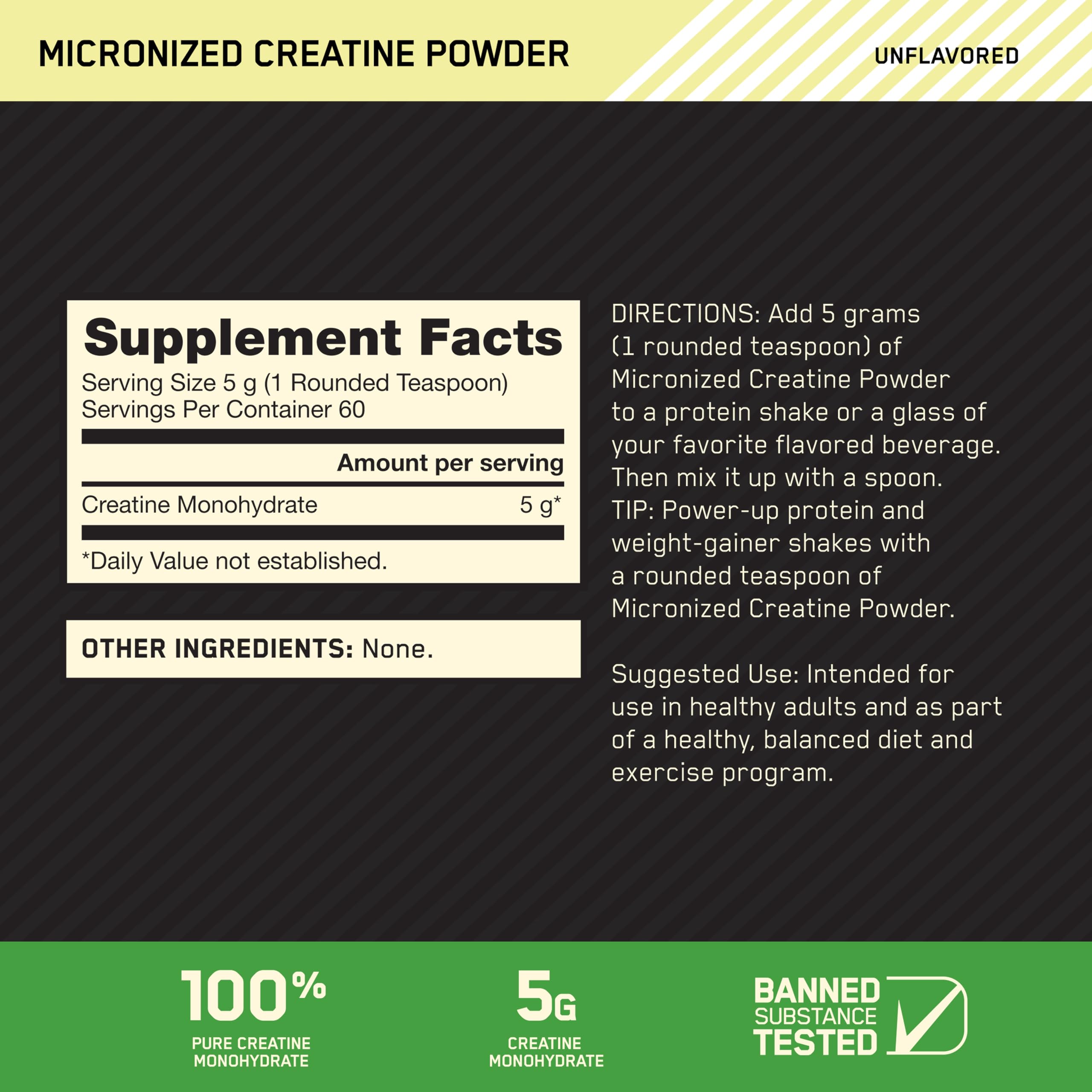 Cucharita medidora junto al envase de creatina Optimum Nutrition micronizada, para dosis precisa.