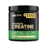 Frasco de Optimum Nutrition creatina monohidratada micronizada sin sabor, ideal para potenciar entrenamientos.