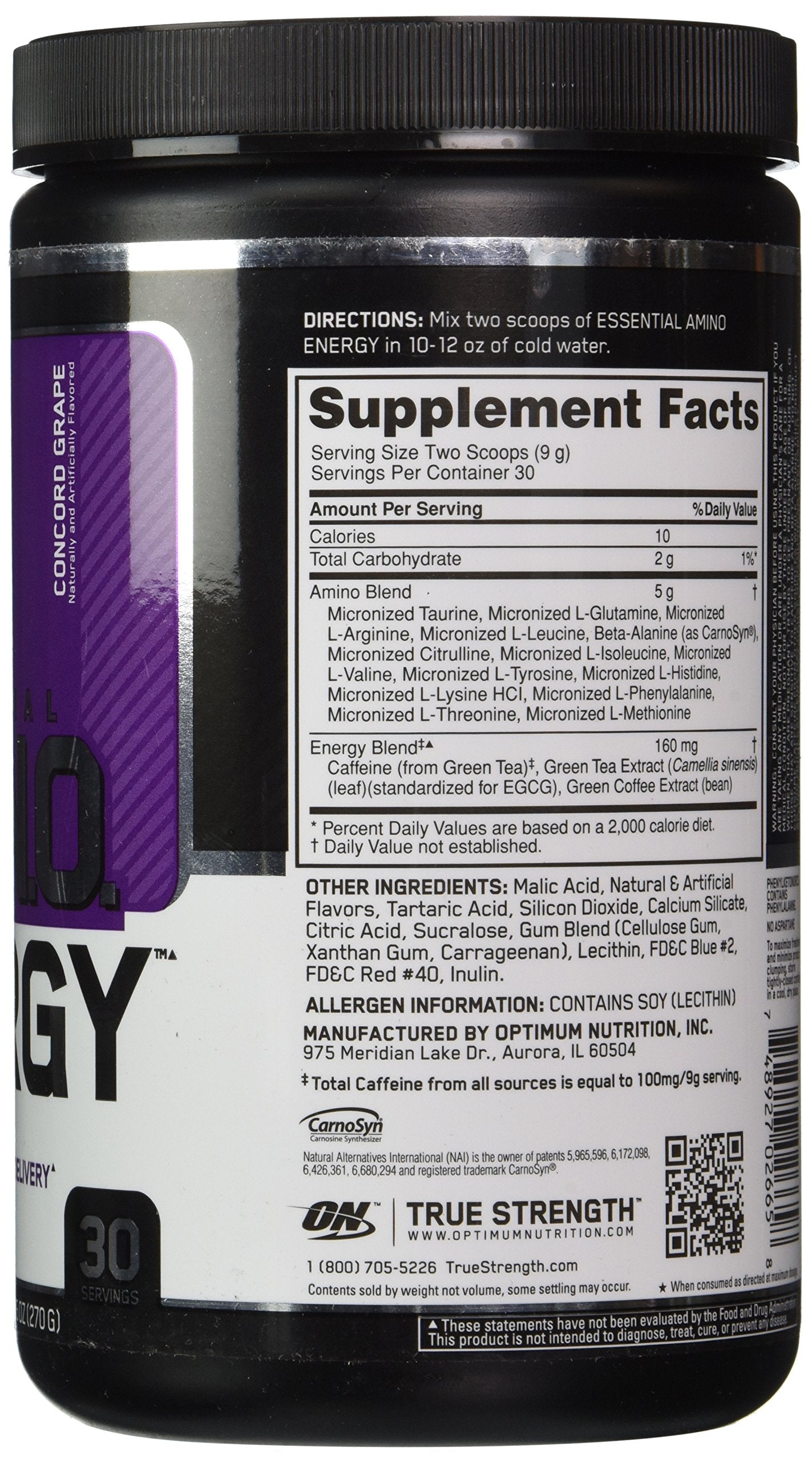 Etiqueta de Optimum Nutrition Essential Amino Energy Concord Grape con información de sabor y porciones
