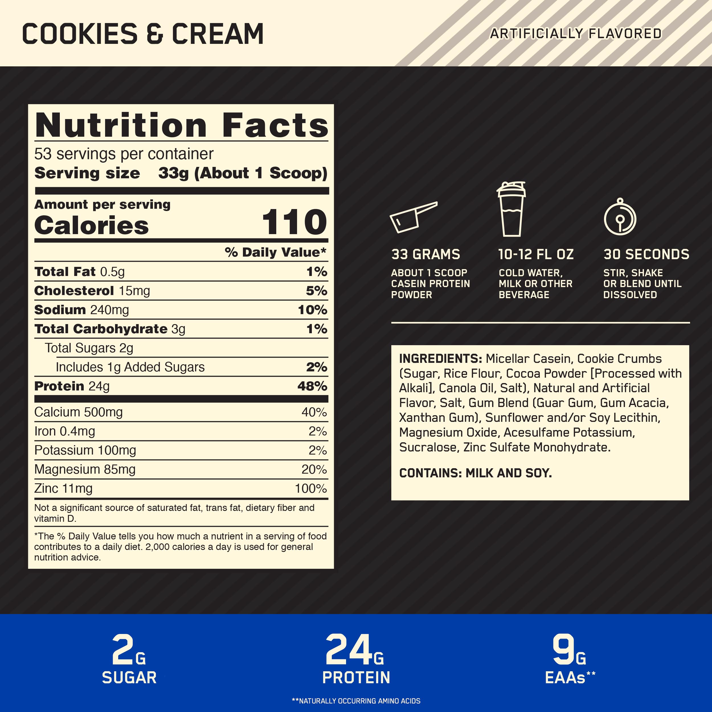 Optimum Nutrition Gold Standard Casein batido cremoso ideal para saciar entre comidas