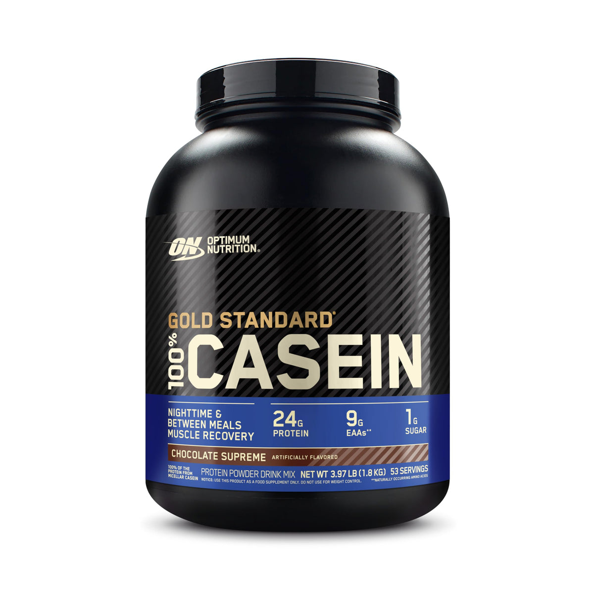 Optimum Nutrition Gold Standard Casein en bote, proteína micelar para recuperación nocturna.