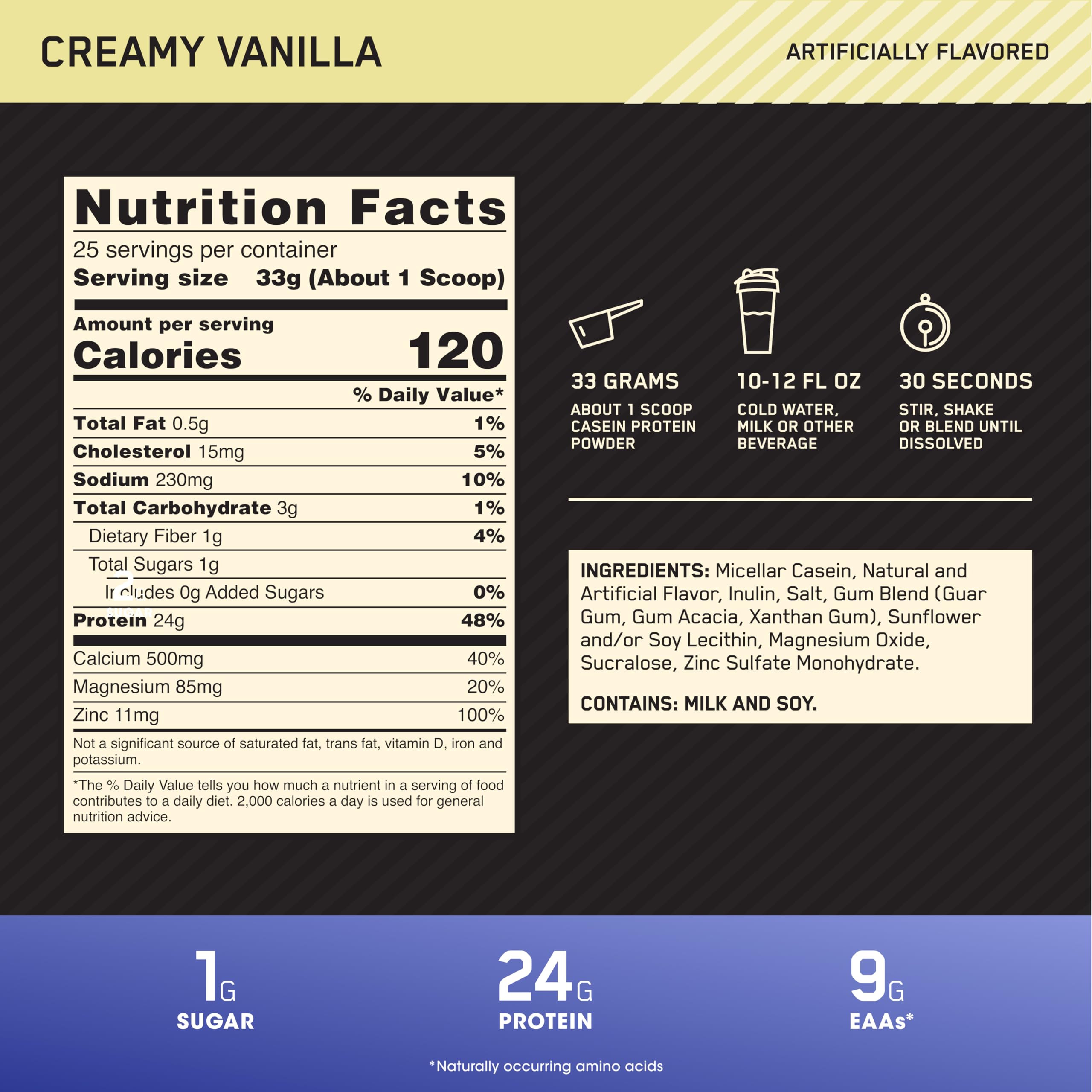 Optimum Nutrition Gold Standard Caseina Micelar, nueve gramos aminoacidos esenciales por porción
