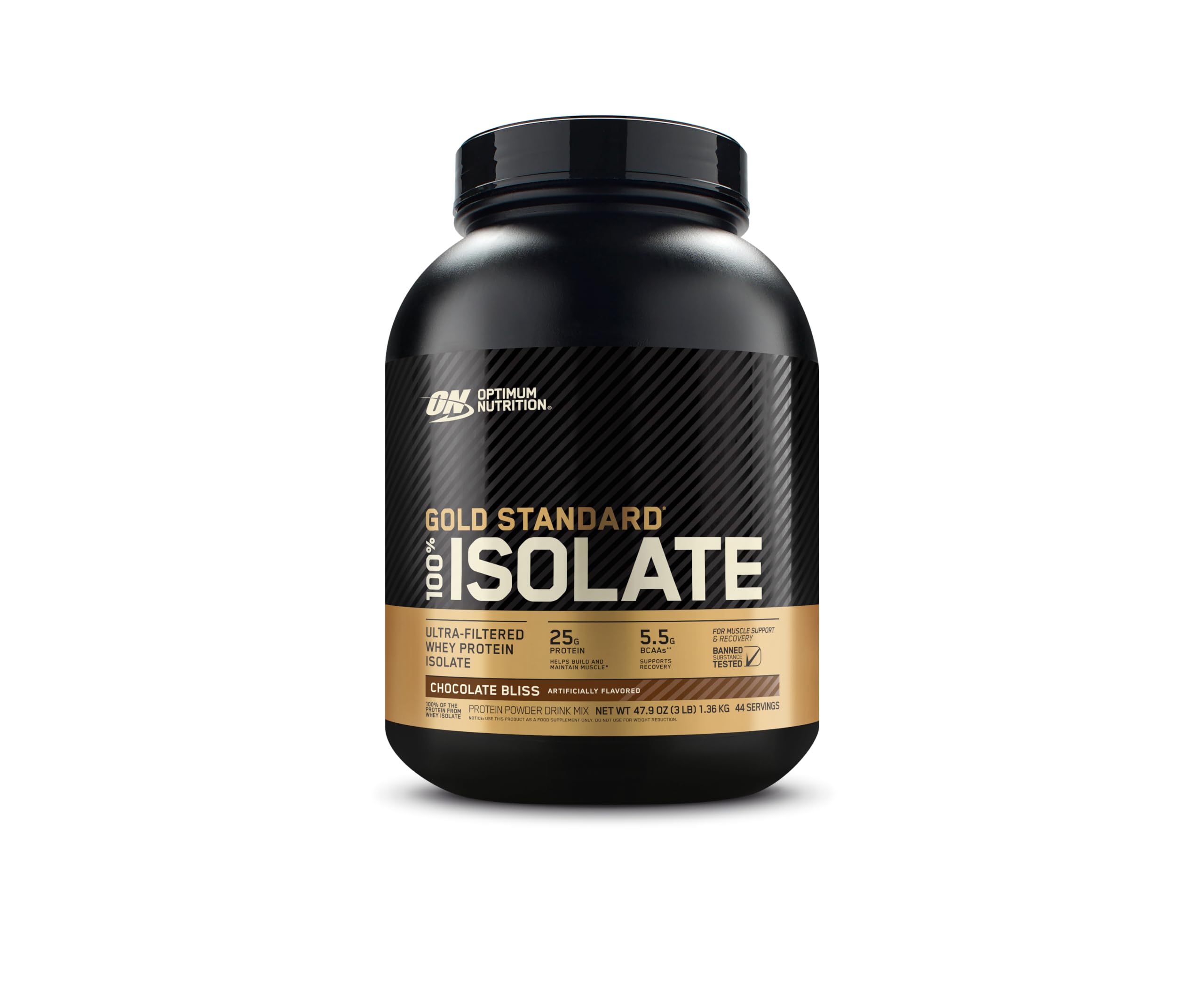 Optimum Nutrition Gold Standard Isolate Chocolate Bliss frente al envase, listo para usar