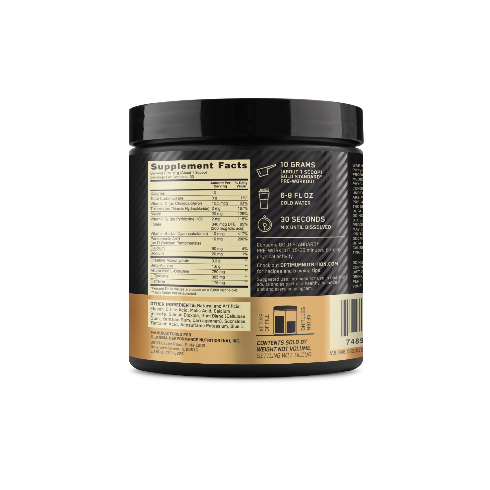 Optimum Nutrition Gold Standard Pre-Entrenamiento, aroma frutal, sabor refrescante para motivar el entrenamiento.