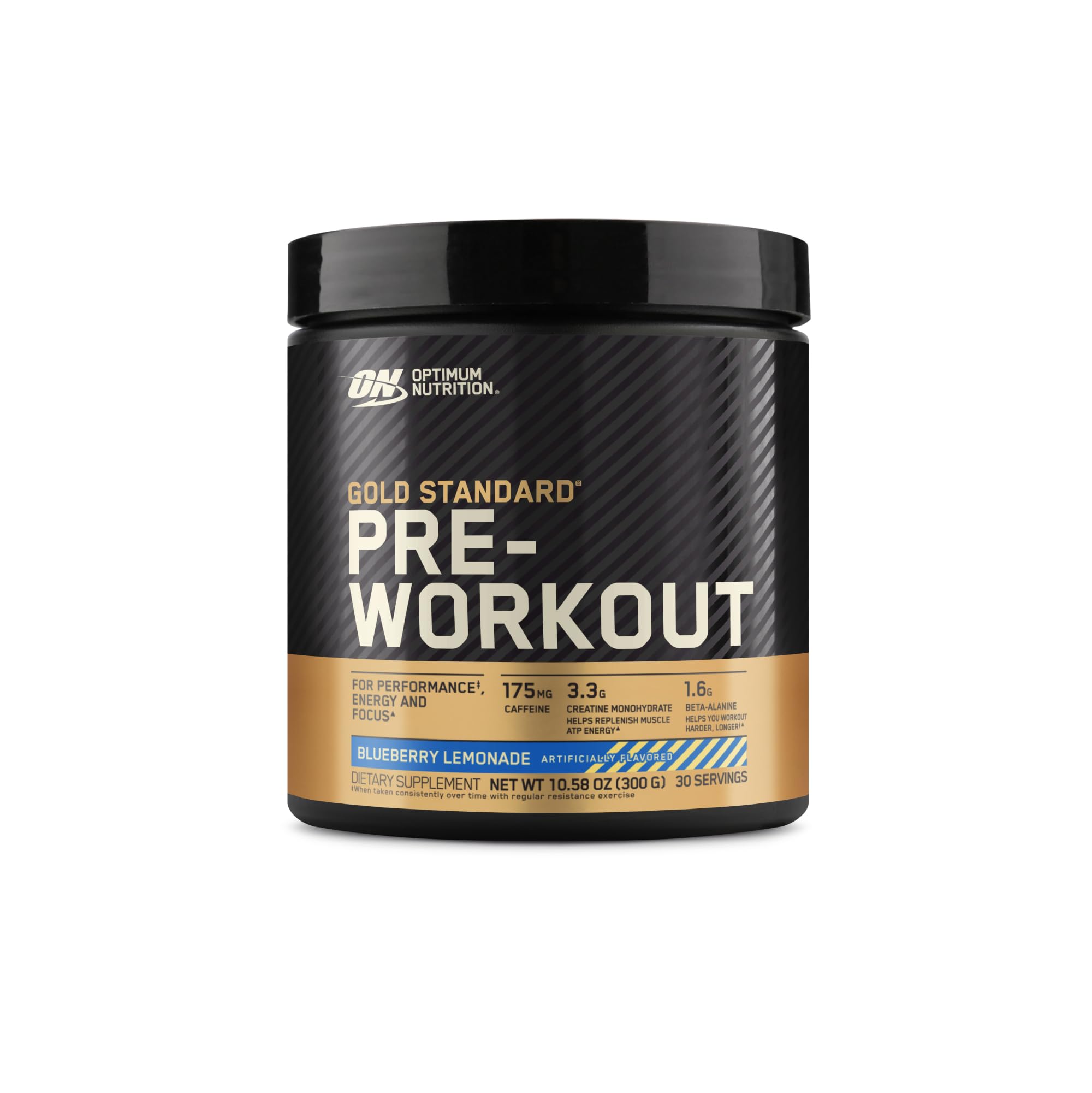 Optimum Nutrition Gold Standard Pre-Entrenamiento, botella azul, energía sostenida para entrenamientos.