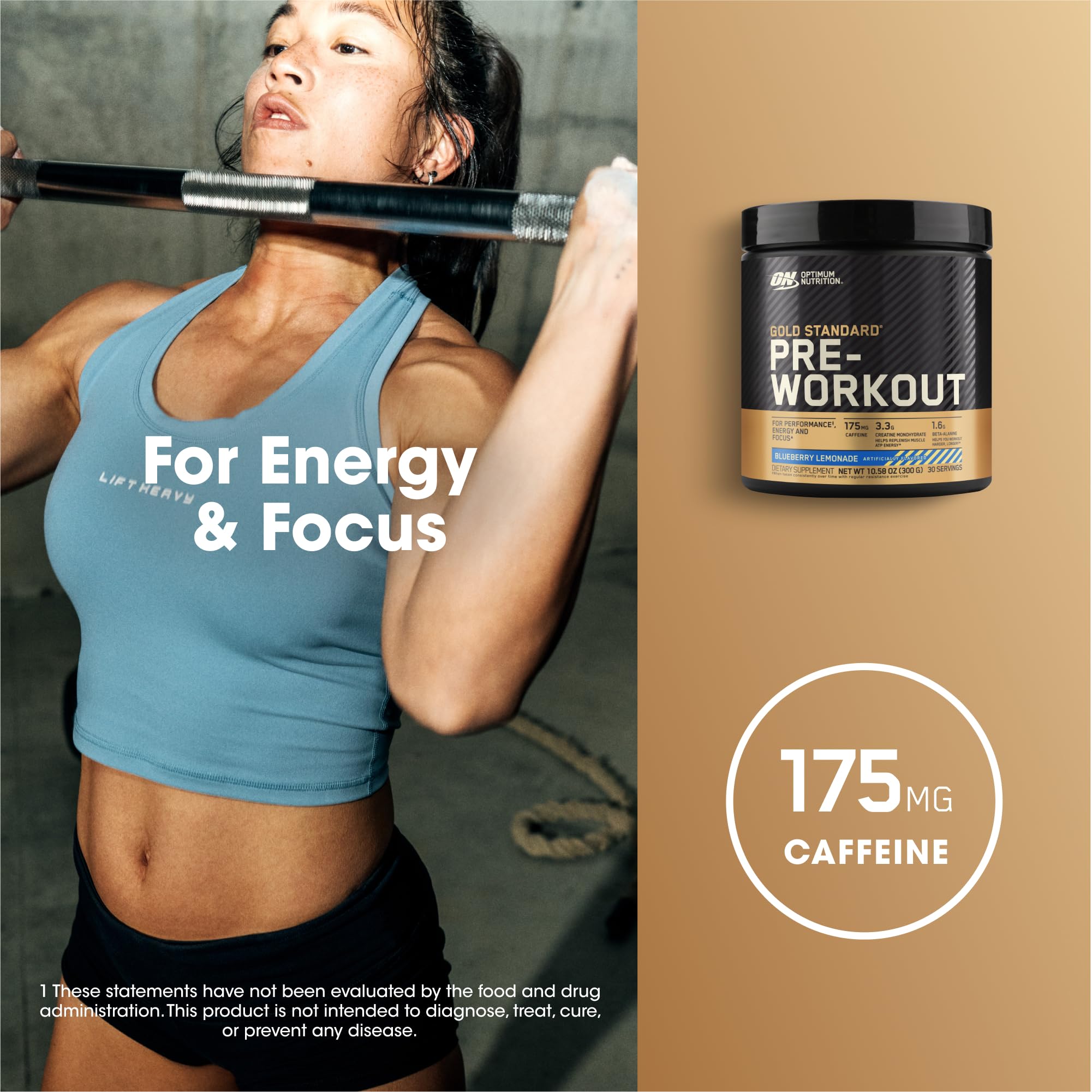 Optimum Nutrition Gold Standard Pre-Entrenamiento, etiqueta clara con información de ingredientes.