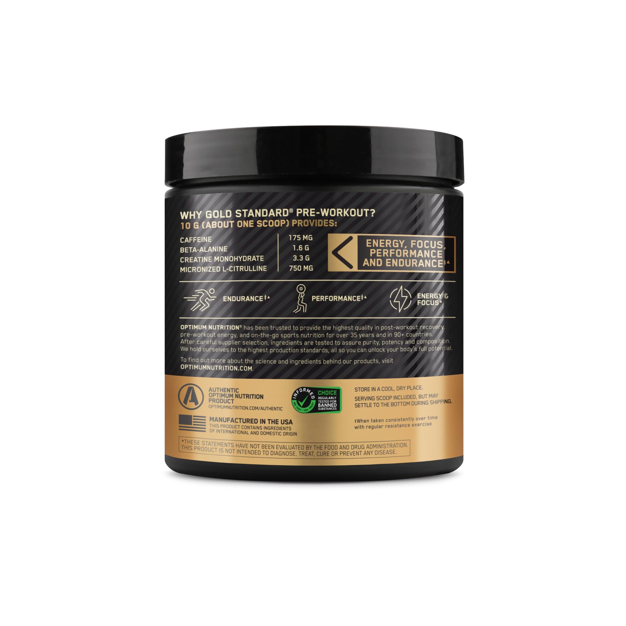 Optimum Nutrition Gold Standard Pre-Entrenamiento, ingredientes clave como creatina y beta-alanina para rendimiento potencial.