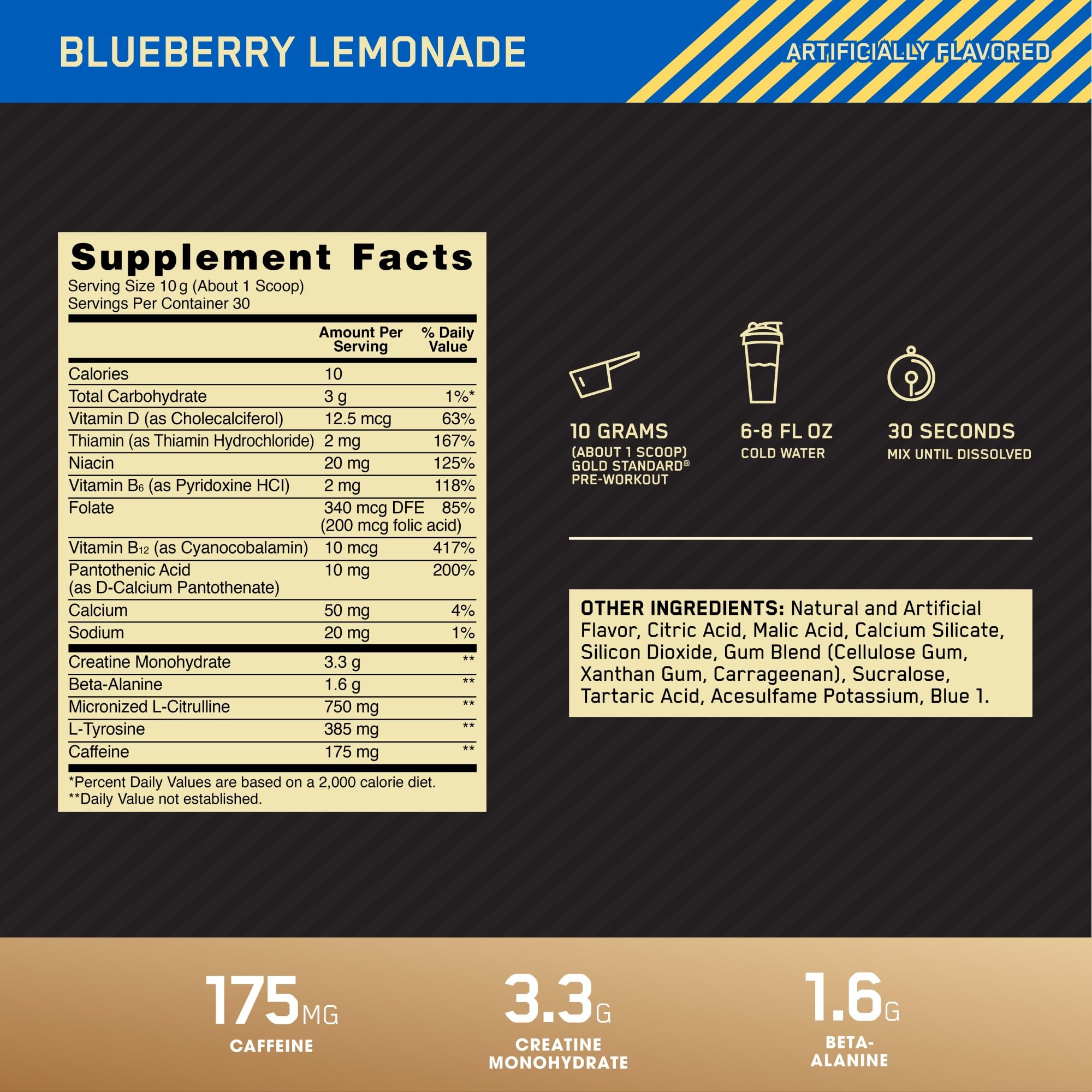 Optimum Nutrition Gold Standard Pre-Entrenamiento, mezcla en vaso, disolución rápida para sesión.