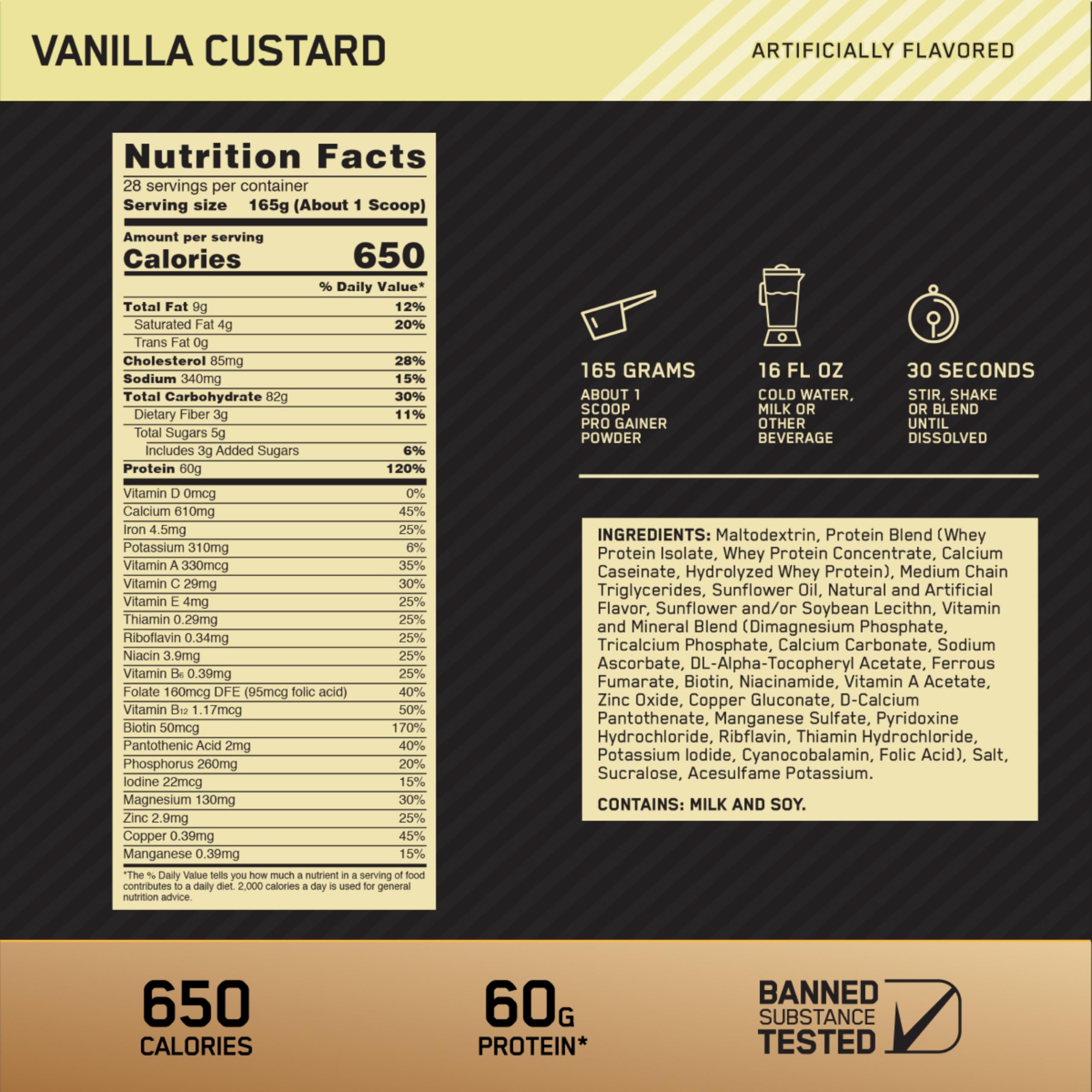 Optimum Nutrition Gold Standard Pro Gainer - batido Vanilla Custard listo para revitalizar músculos.