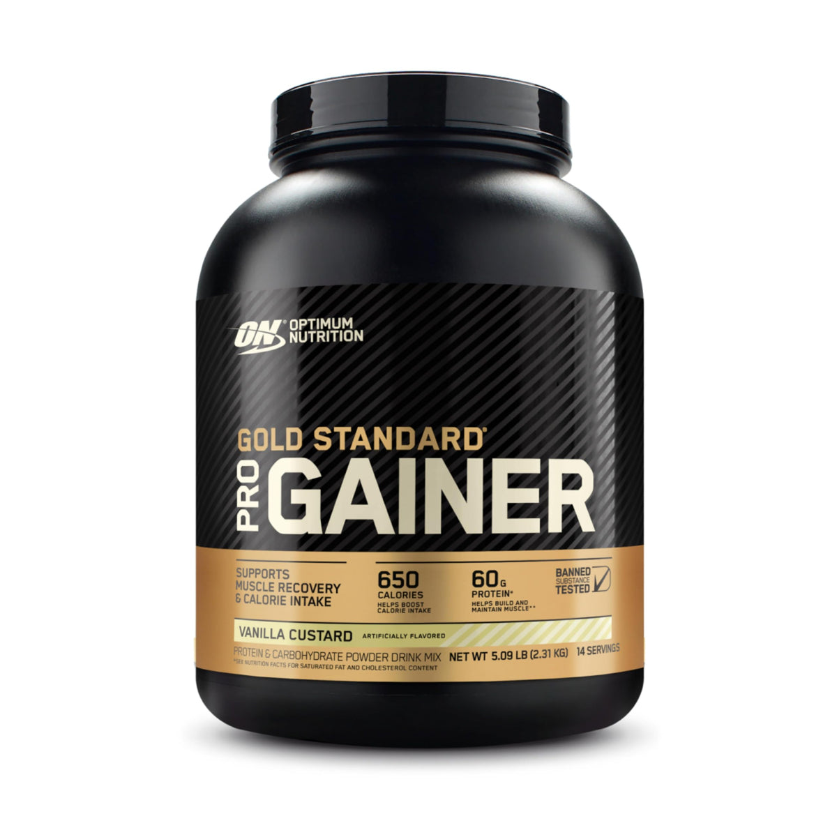 Optimum Nutrition Gold Standard Pro Gainer - bote visible para uso diario post-entrenamiento.