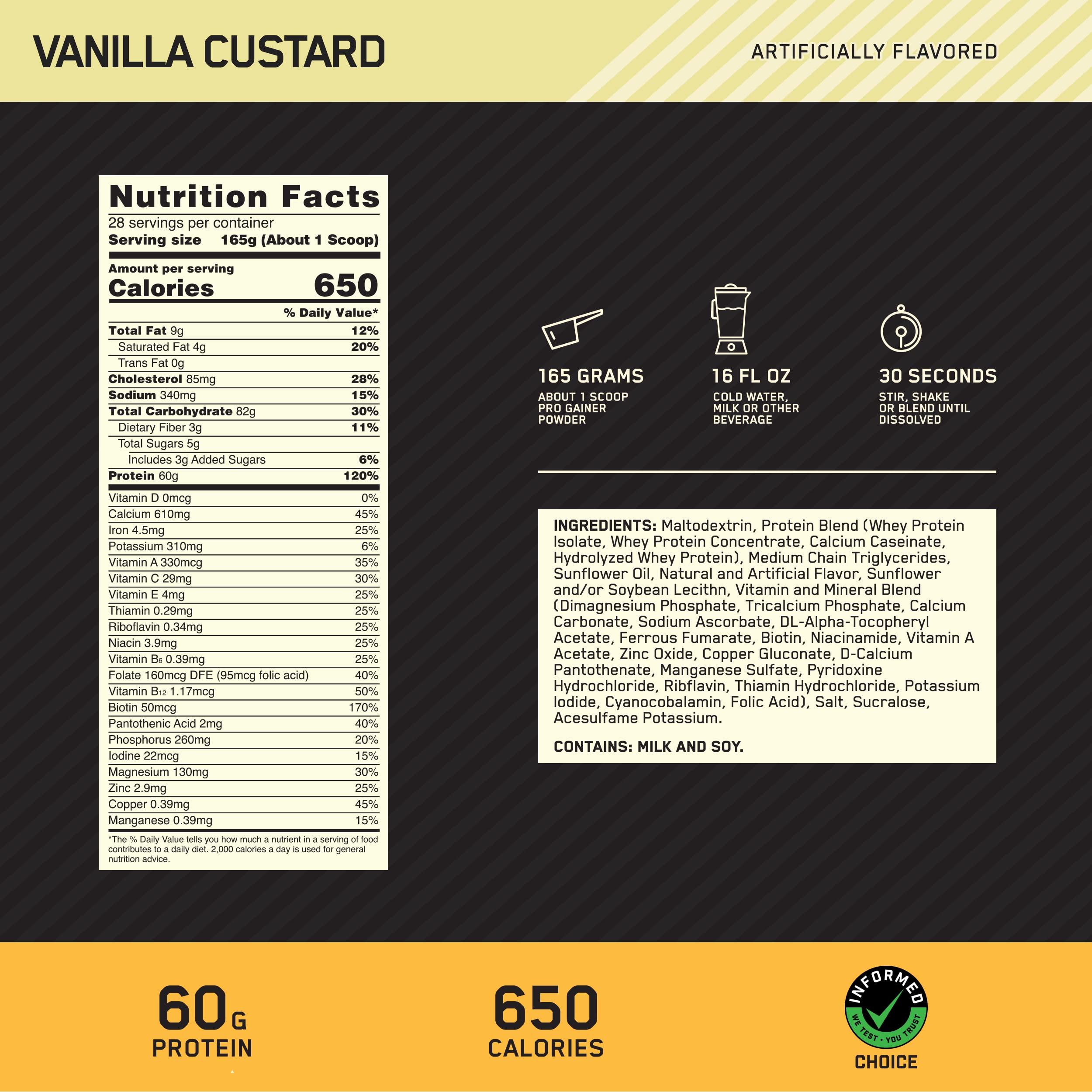 Etiqueta del Pro Gainer con 650 calorías y 60 g de proteína por porción