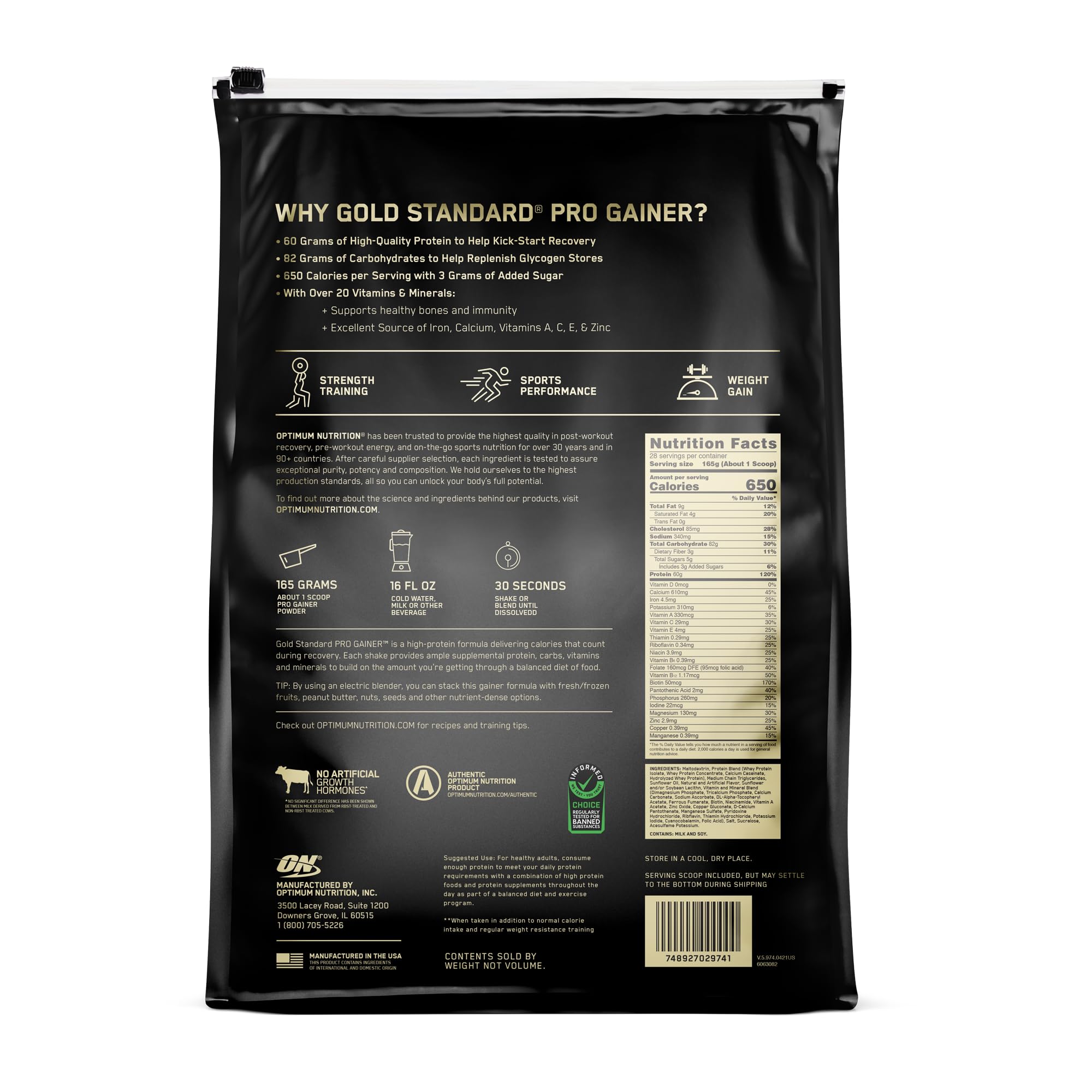 Imagen de ingredientes y sabor vainilla crema de Optimum Nutrition Pro Gainer