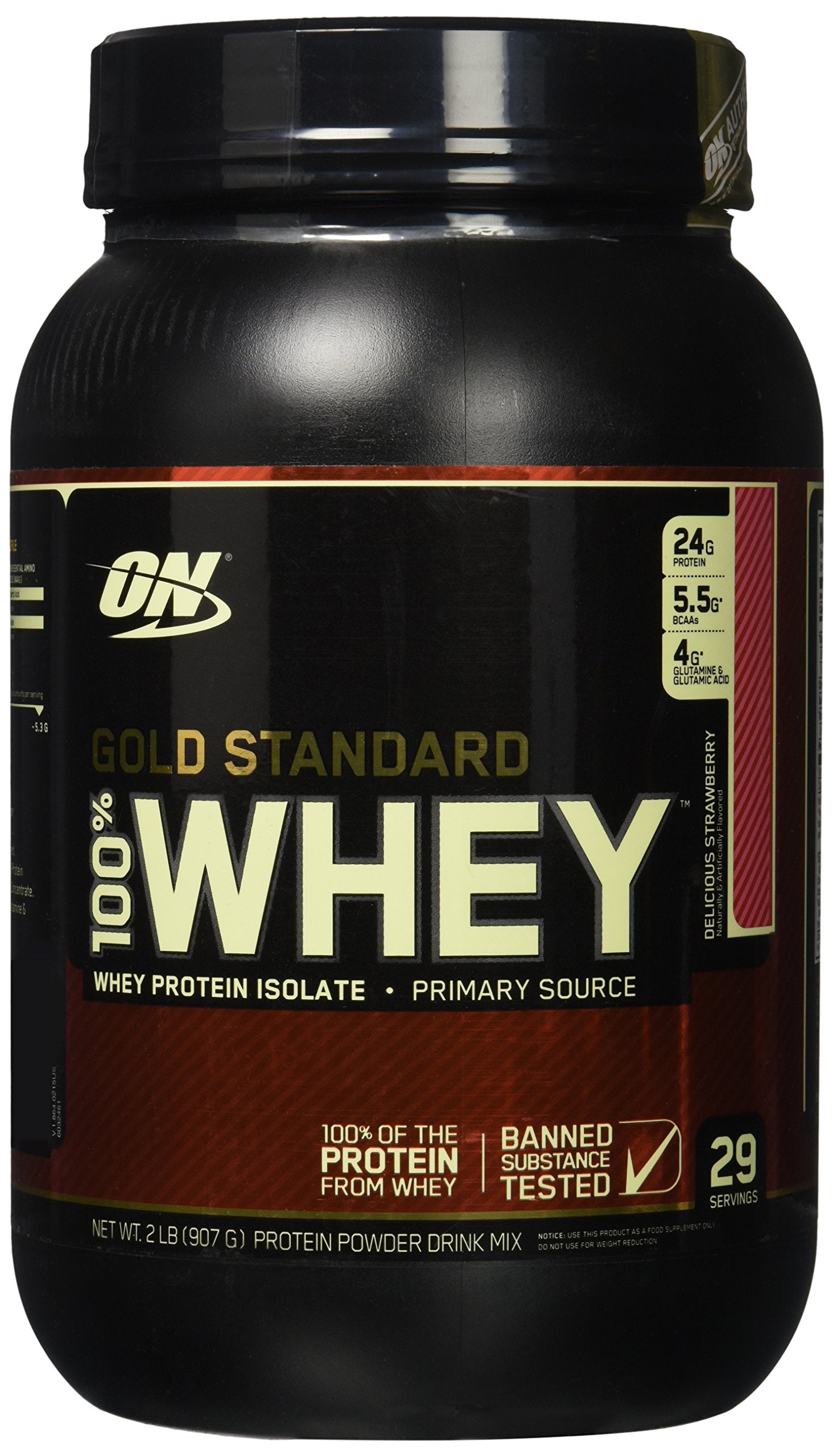 Optimum Nutrition Gold Standard Whey sabor Fresa, envase mostrando proteína de alta pureza para recuperación.