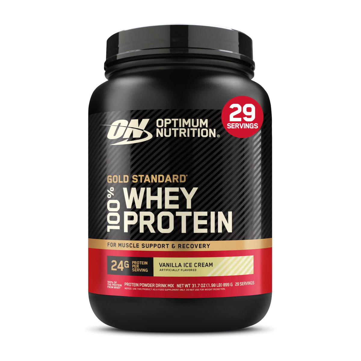 Optimum Nutrition Gold Standard Whey: lata de vainilla helado, proteína de rápida absorción para recuperación.