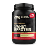 Optimum Nutrition Gold Standard Whey: lata de vainilla helado, proteína de rápida absorción para recuperación.