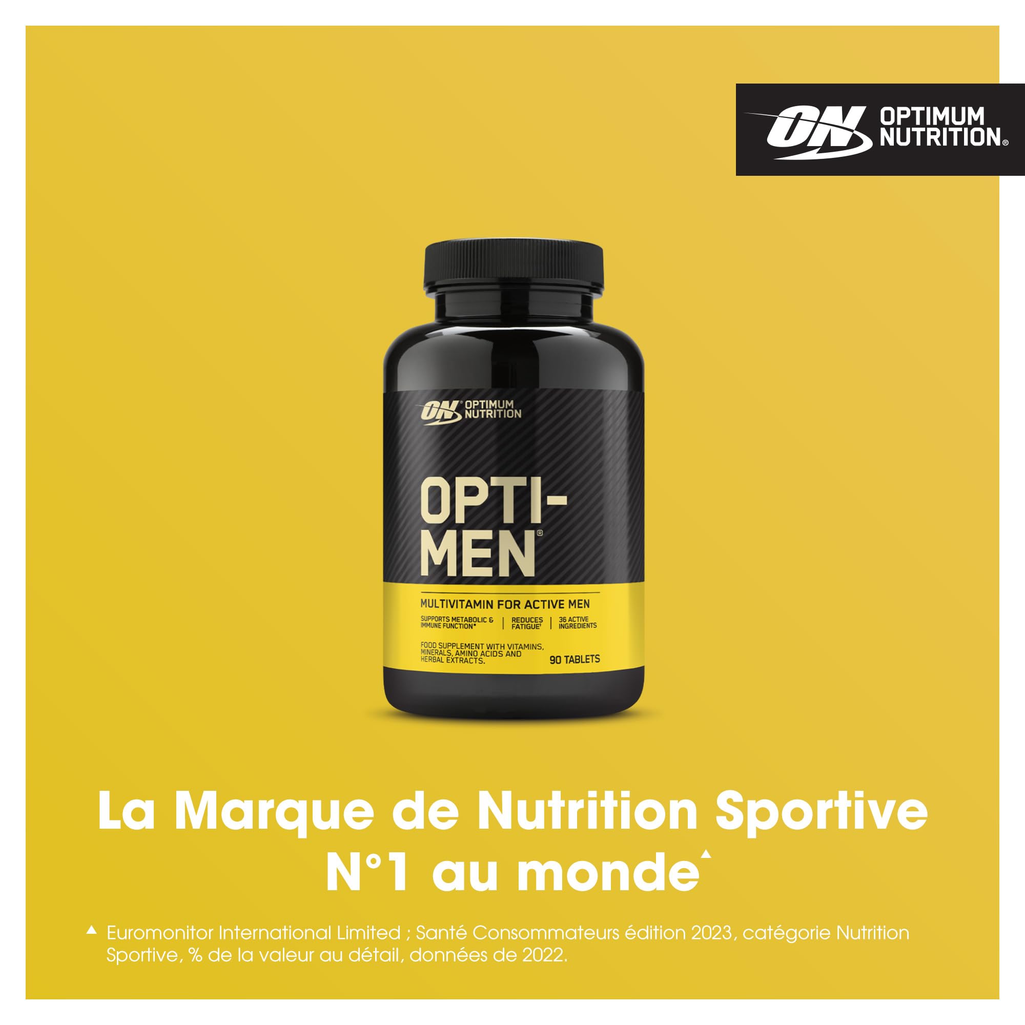 Opti-Men en primer plano con tabletas para uso diario recomendado.