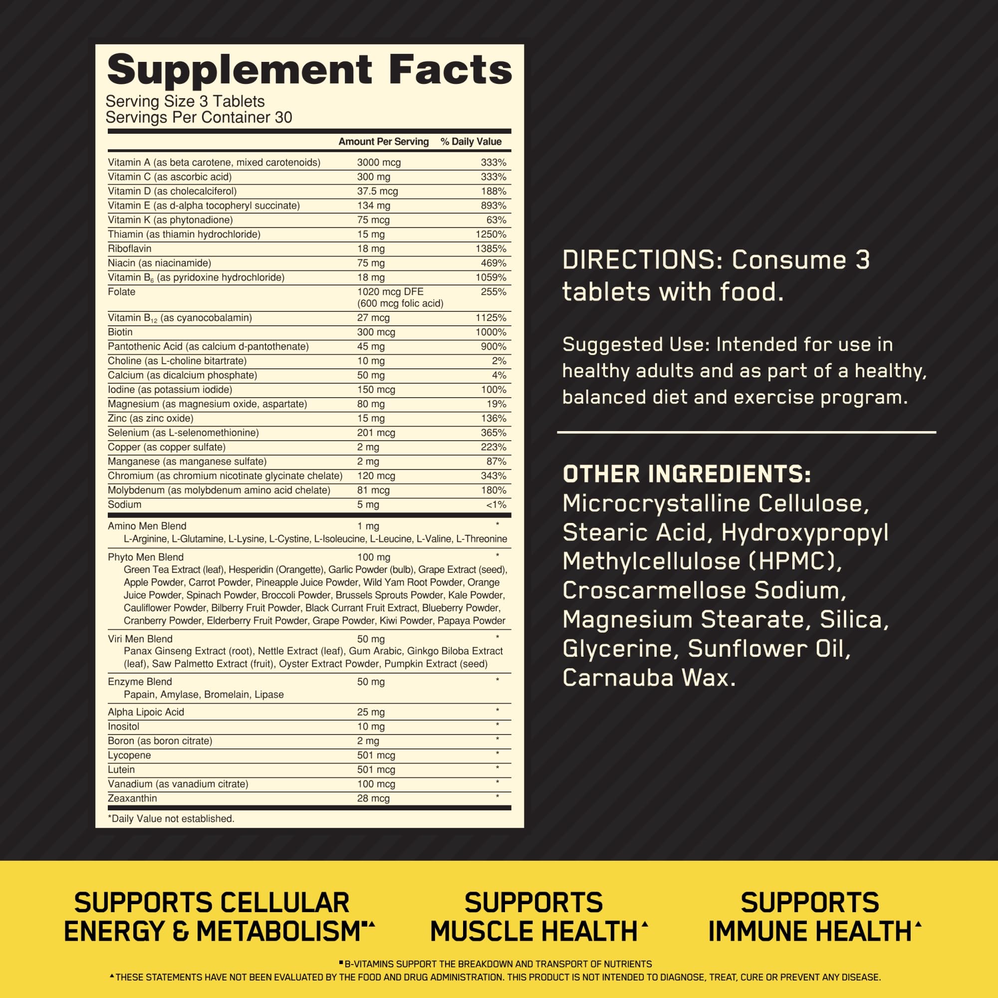 Optimum Nutrition Opti-Men: etiqueta detallada destaca vitaminas y minerales para bienestar.