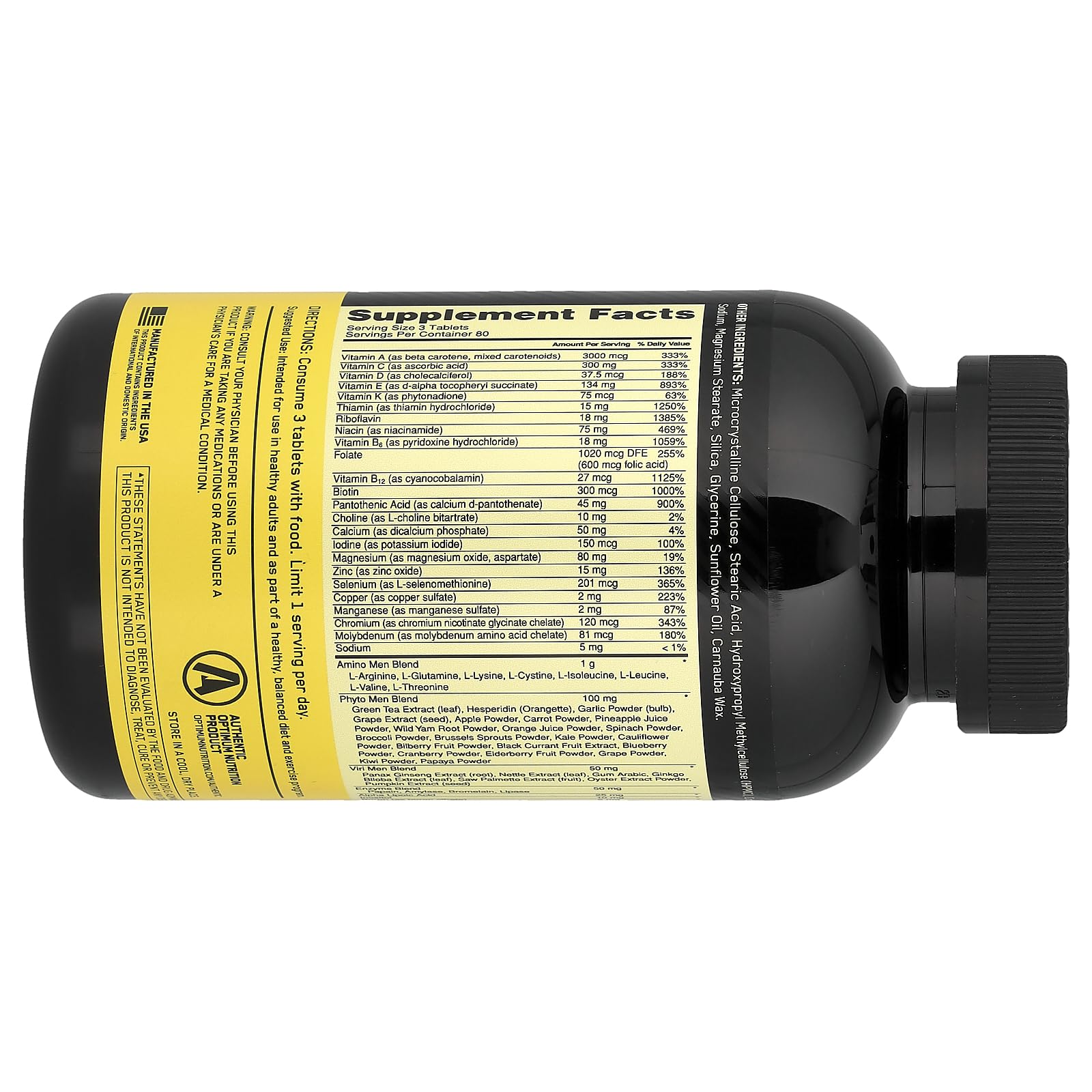 Etiqueta de Opti-Men con 25 vitaminas y minerales esenciales para apoyo diario.
