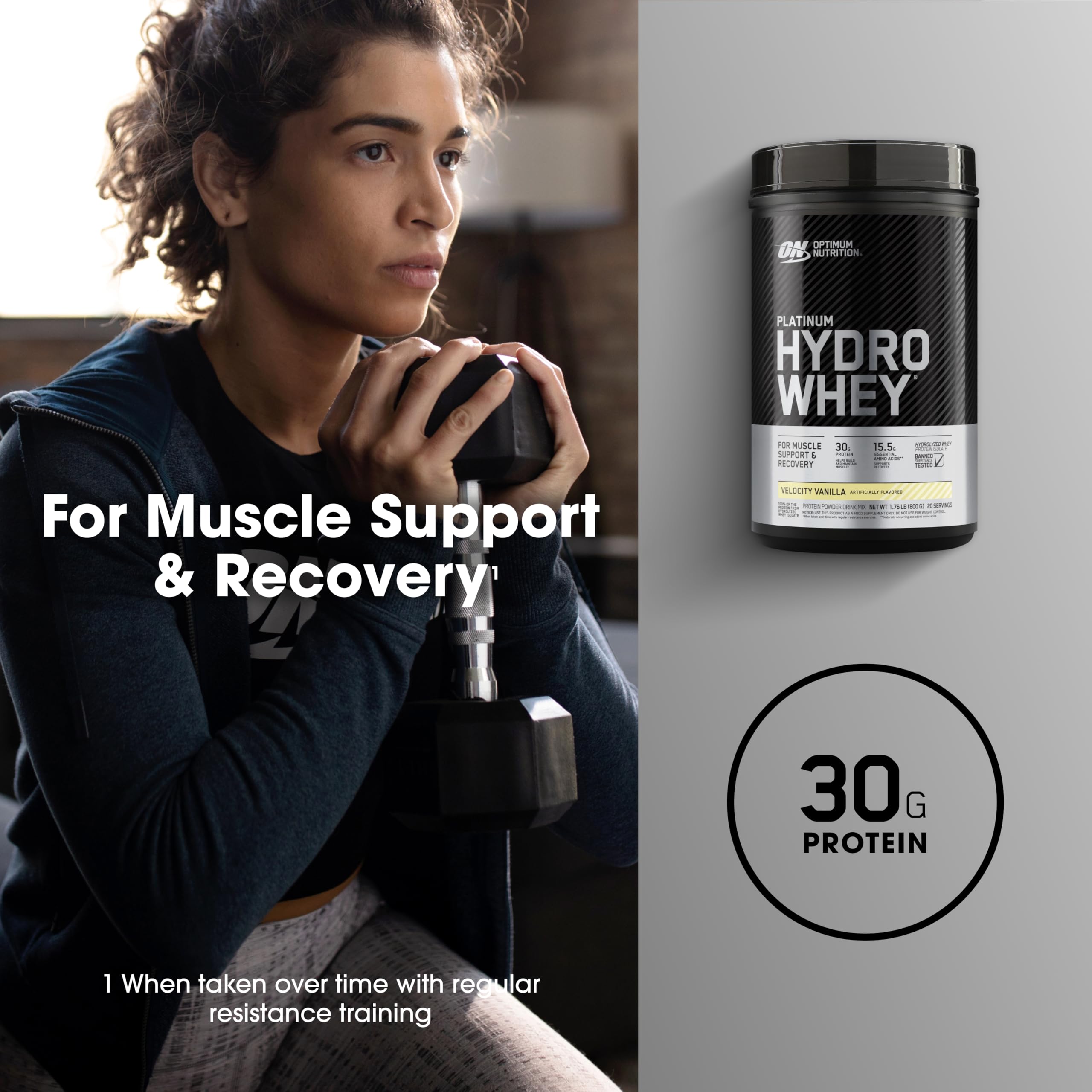Optimum Nutrition Platinum Hydrowhey etiqueta describe pureza y calidad.