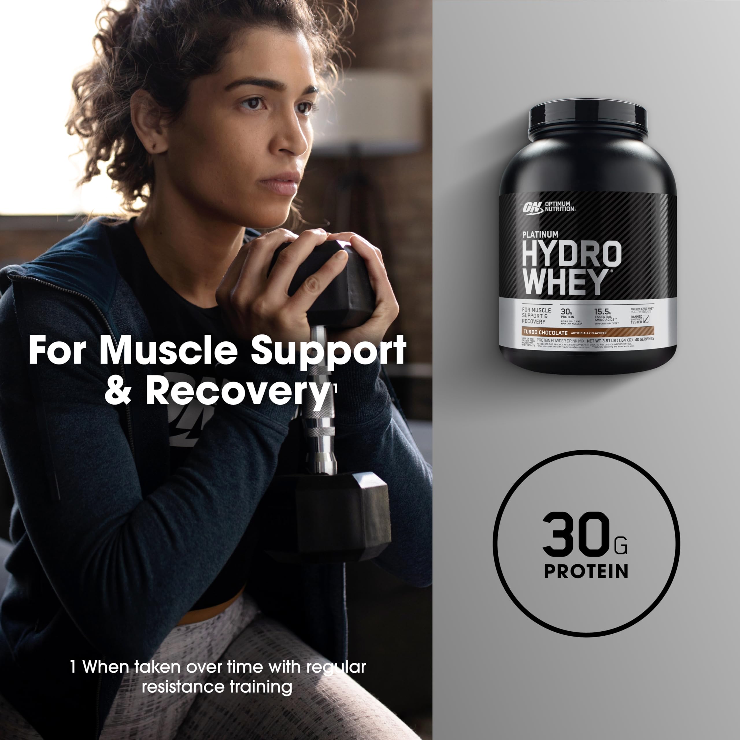 Optimum Nutrition Platinum Hydrowhey etiqueta de nutrientes, resumen claro de proteína y aminoácidos.
