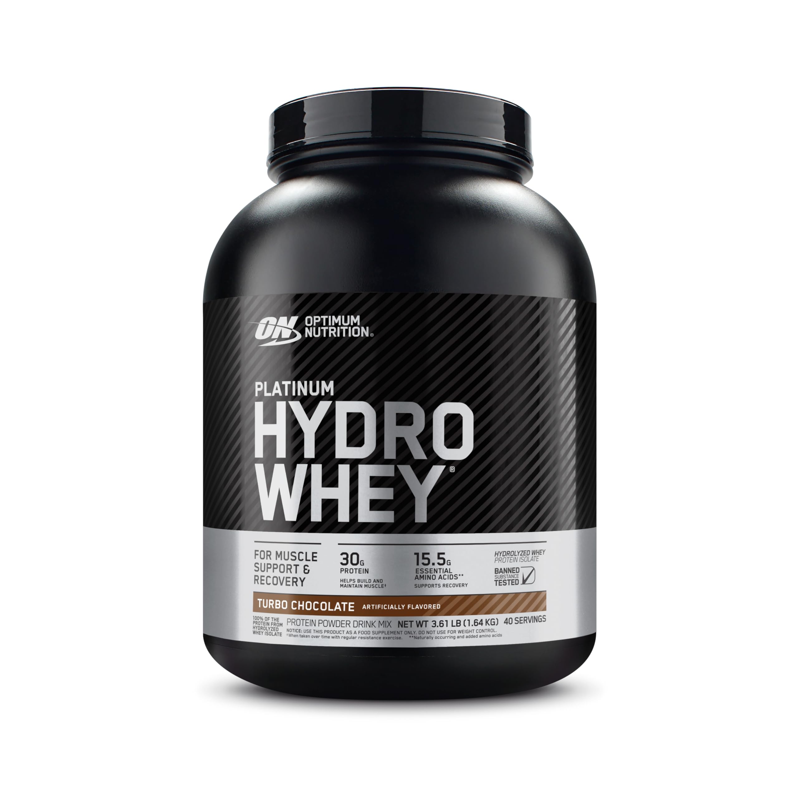 Optimum Nutrition Platinum Hydrowhey Turbo Chocolate, bote, proteína hidrolizada para recuperación rápida tras entreno.