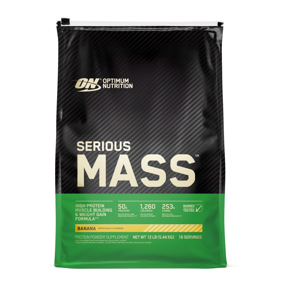 Optimum Nutrition Serious Mass, sabor plátano, bote frontal muestra el contenido calórico por porción