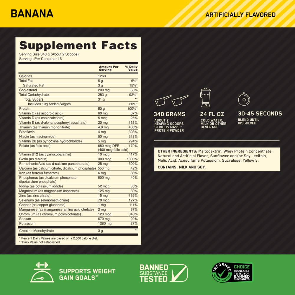 Optimum Nutrition Serious Mass, etiqueta cercana, proteína y carbohidratos destacados
